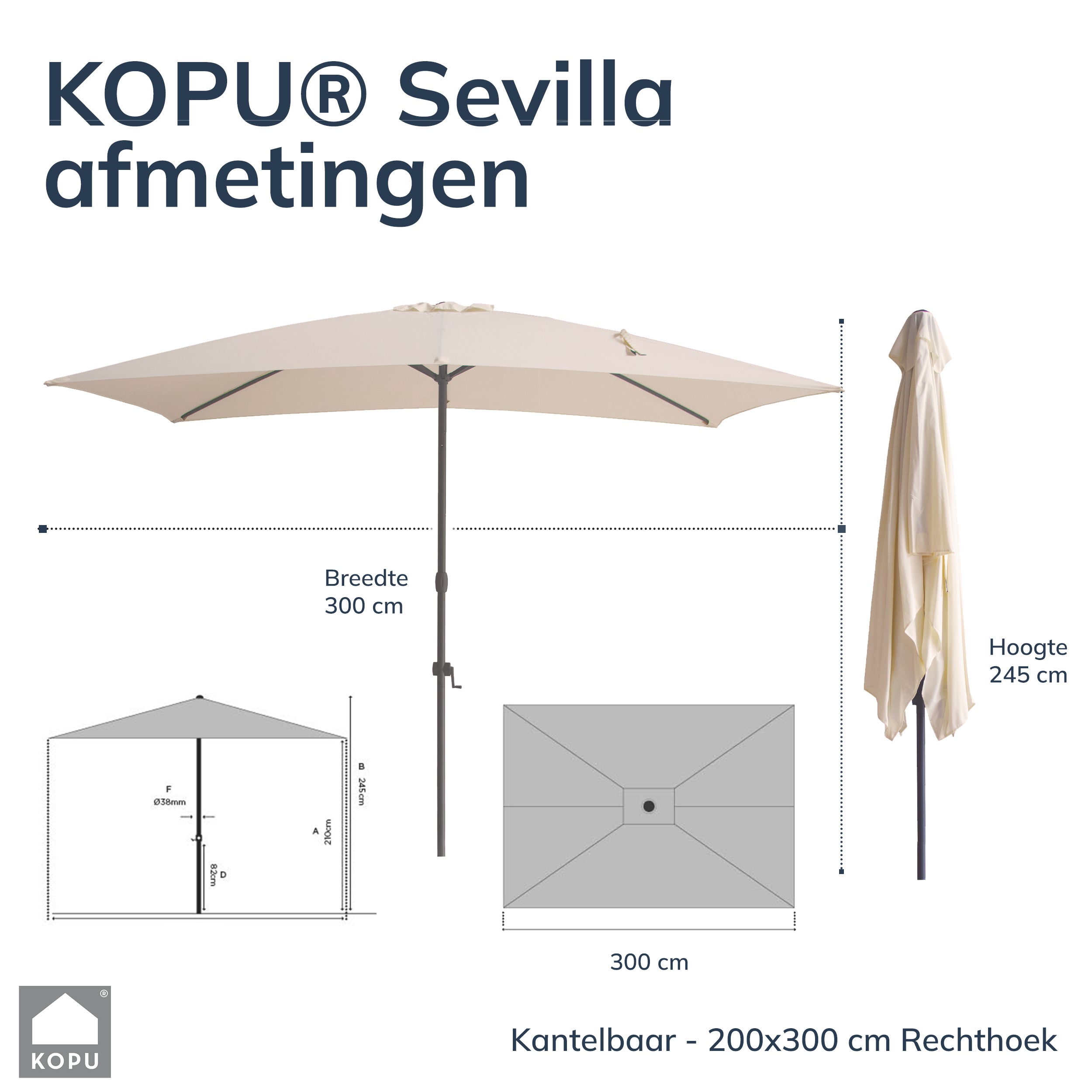 Kopu® Sevilla Parasol Rechthoek 200x300 cm met Hoes - Balkonparasol Creme
