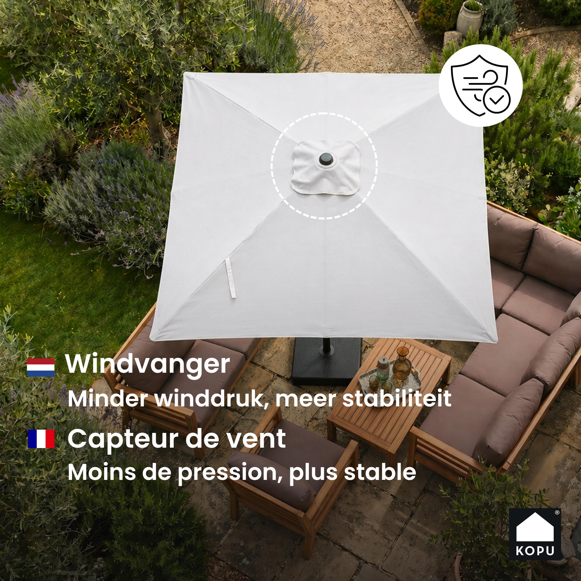 Kopu® Alicante - Parasol Vierkant 230x230 cm met Windvanger - Creme