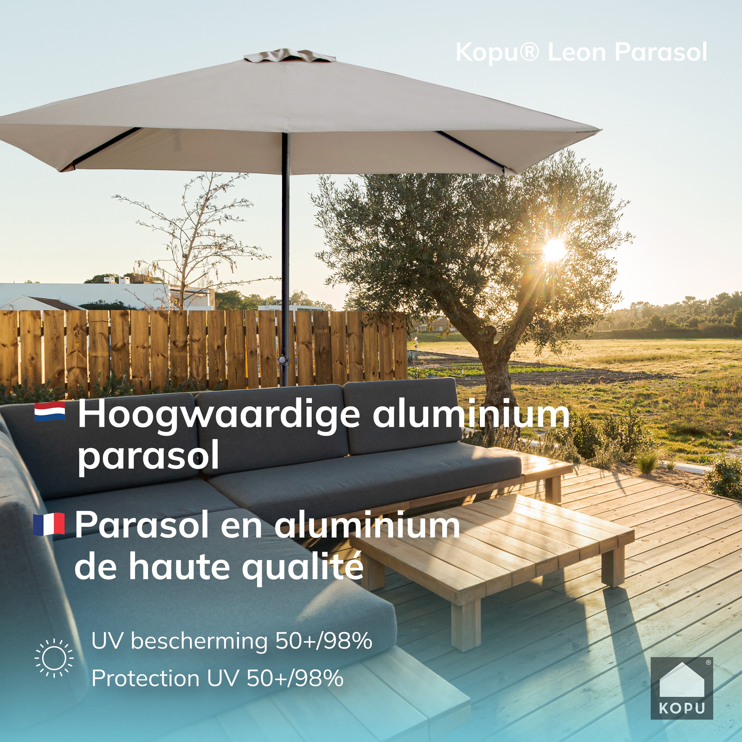 Kopu® Leon Parasol Rechthoek 150x250cm met Hoes - Hoogteverstelbaar - Taupe