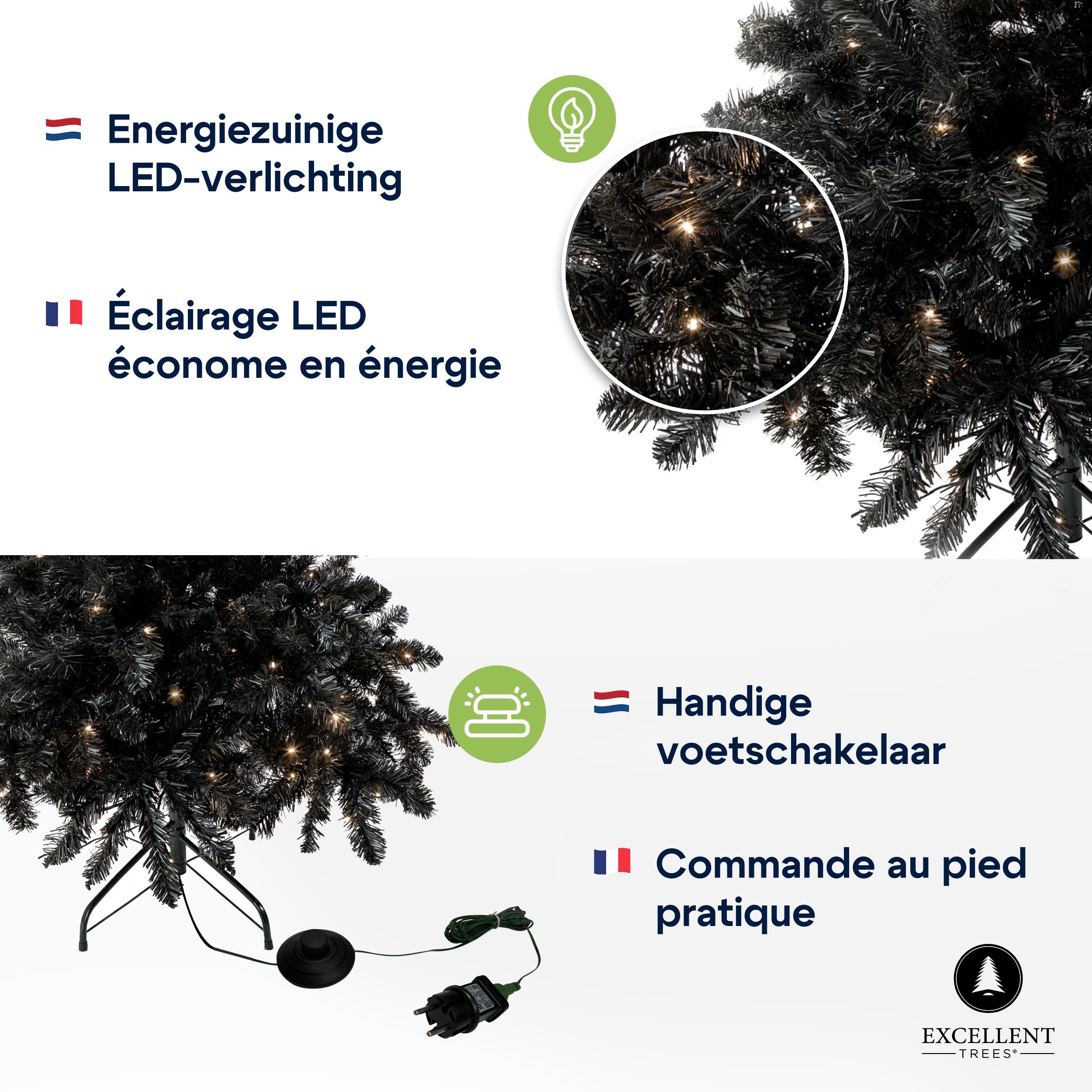 Excellent Trees® Stavanger Black 210 cm Zwarte Kerstboom met Verlichting -  500 LED Lampjes