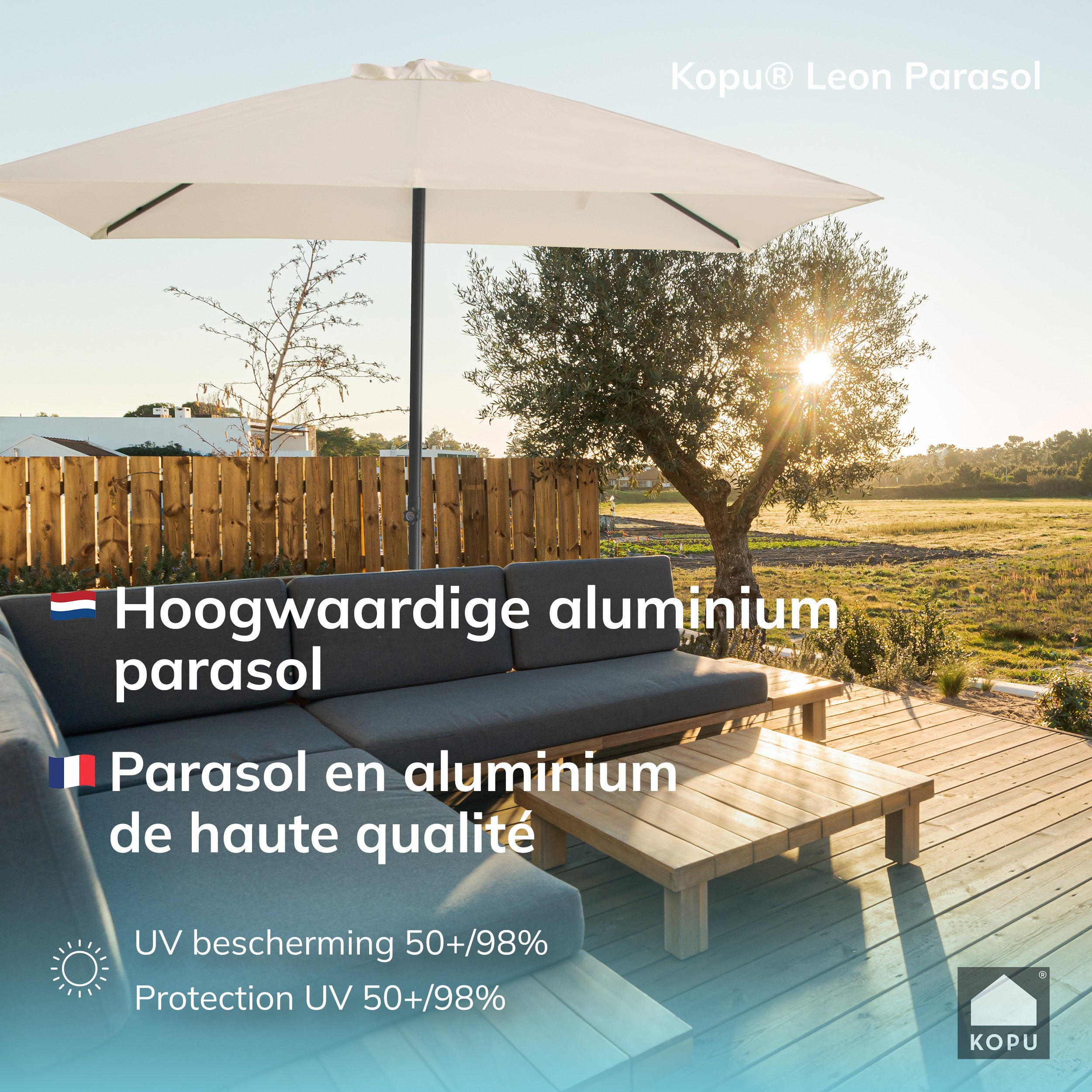 Kopu® Leon Parasol Rechthoek 150x250 cm - met Hoes en Voet - Creme
