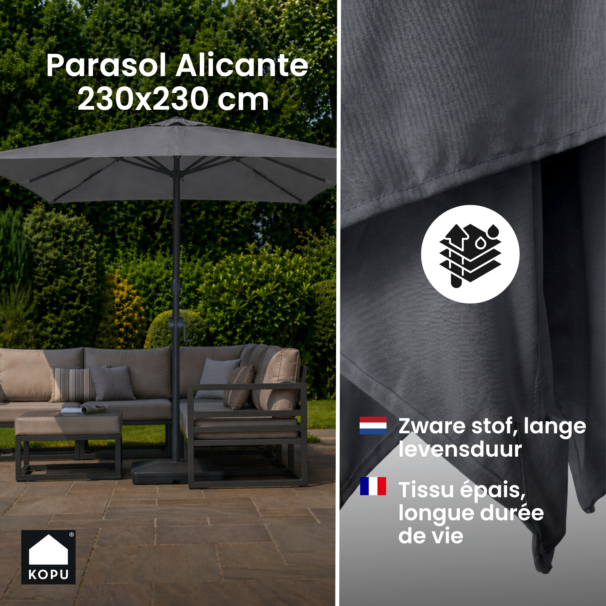 Kopu® Alicante - Parasol Vierkant 230x230 cm met Windvanger - Grijs