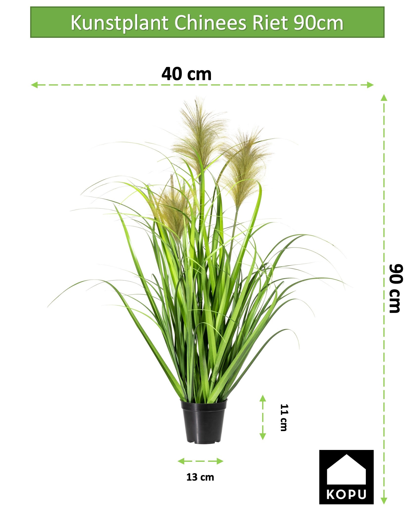 Kopu® Kunstplant Chinees Riet 90 cm - 3 pluimen - in zwarte pot