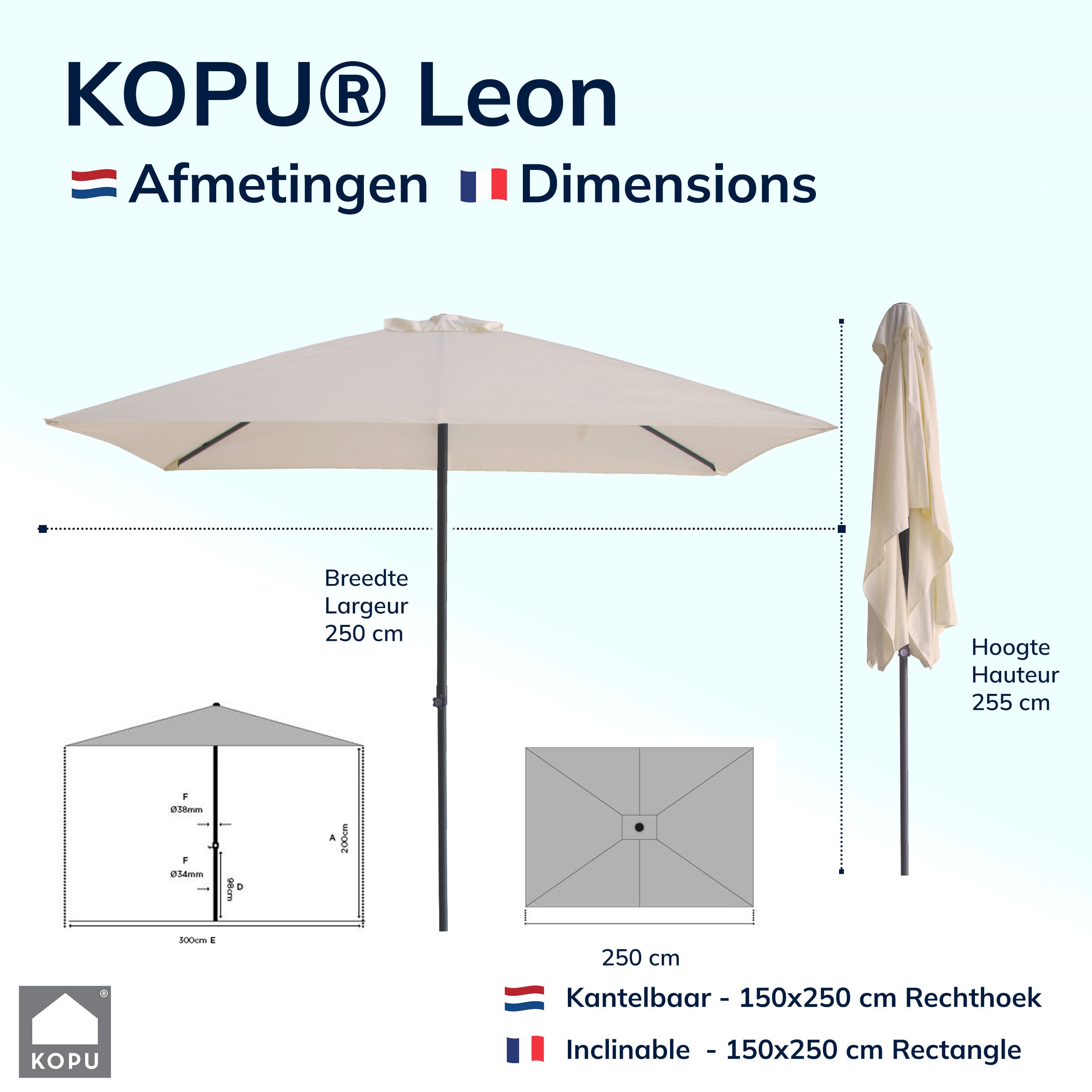 Kopu® Leon Parasol Rechthoek 150x250 cm - Balkonparasol met Hoes - Creme