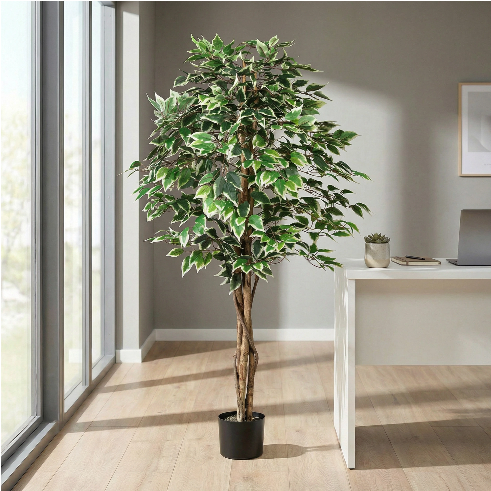 Kopu® Kunstplant Ficus 150 cm - 840 groen/witte bladeren - Natuurstam