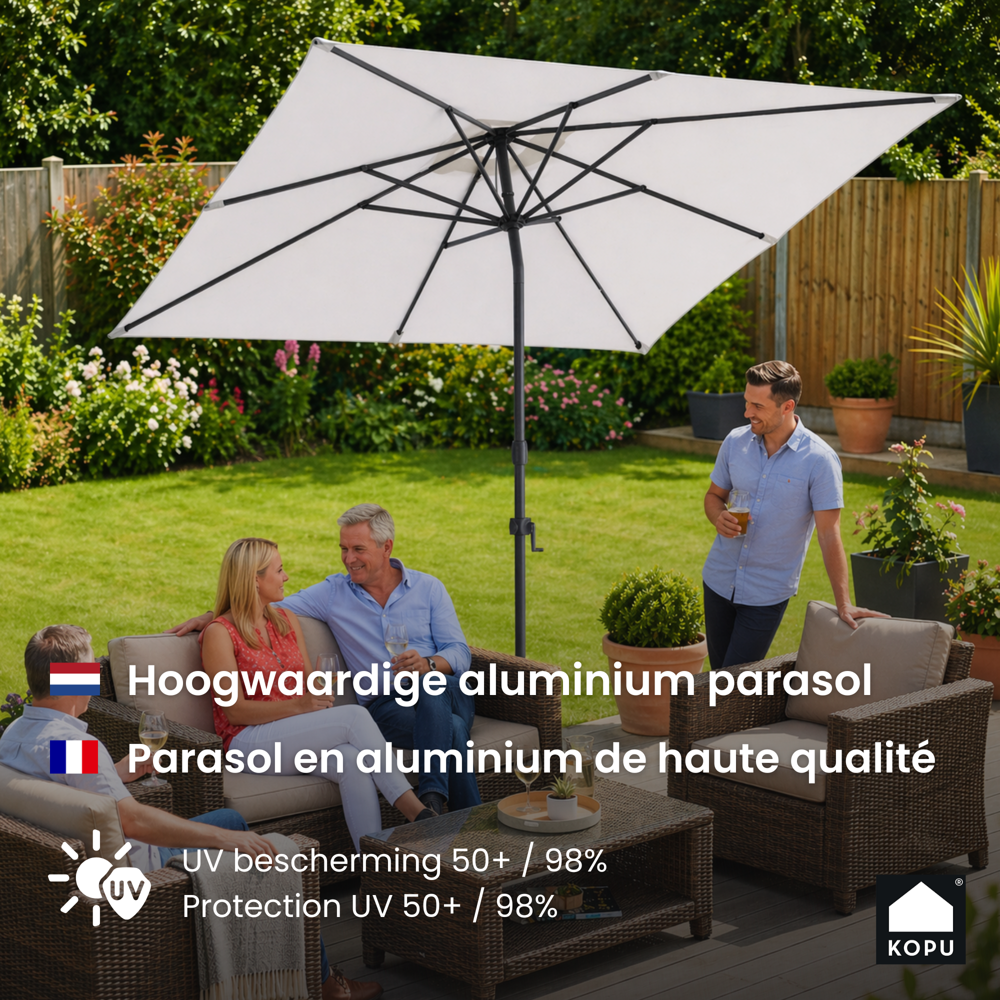 Kopu® Alicante - Parasol Vierkant 230x230 cm met Windvanger - Creme