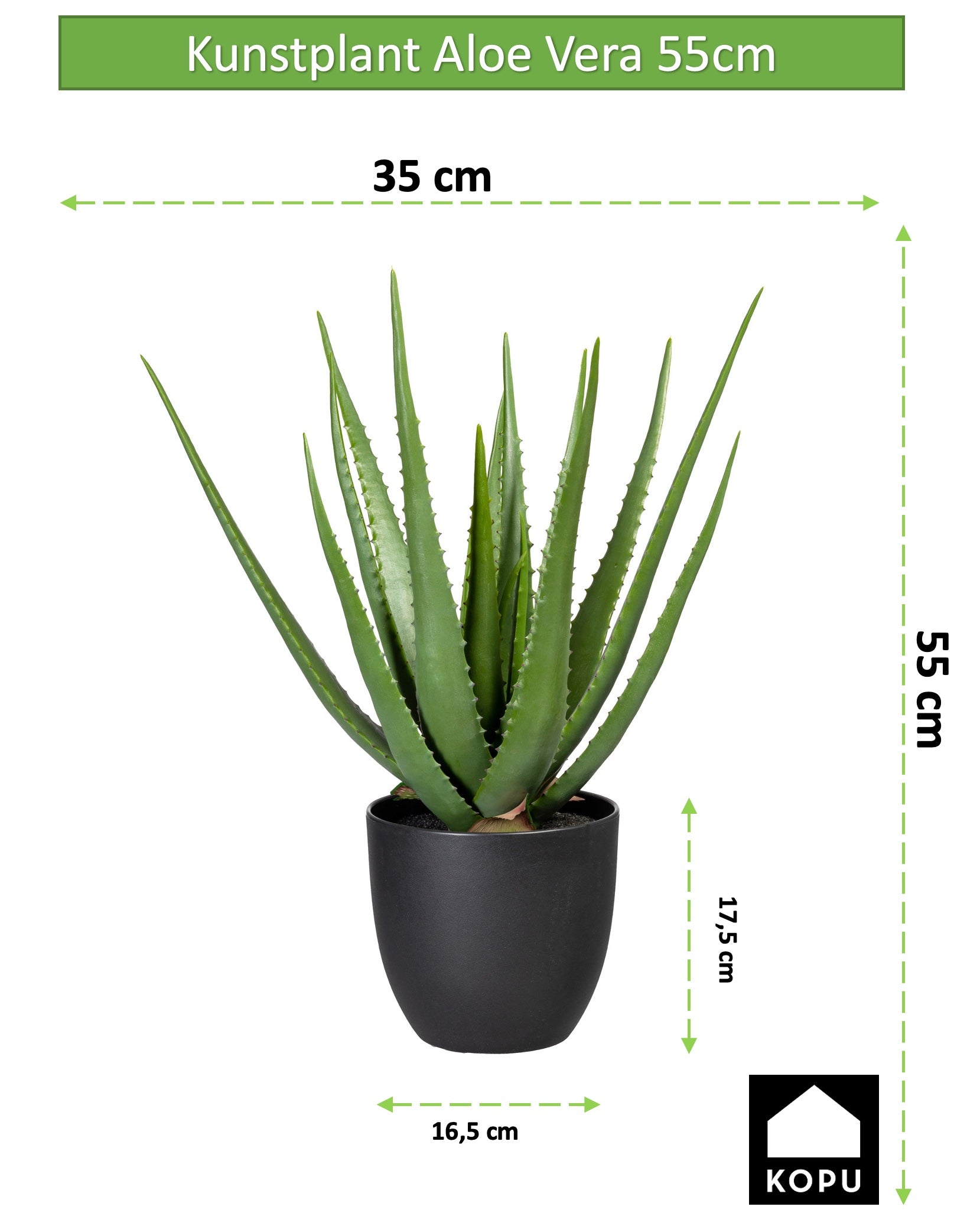 Kopu® Kunstpflanze Aloe Vera 55 cm im schwarzen Blumentopf - 17 Blätter