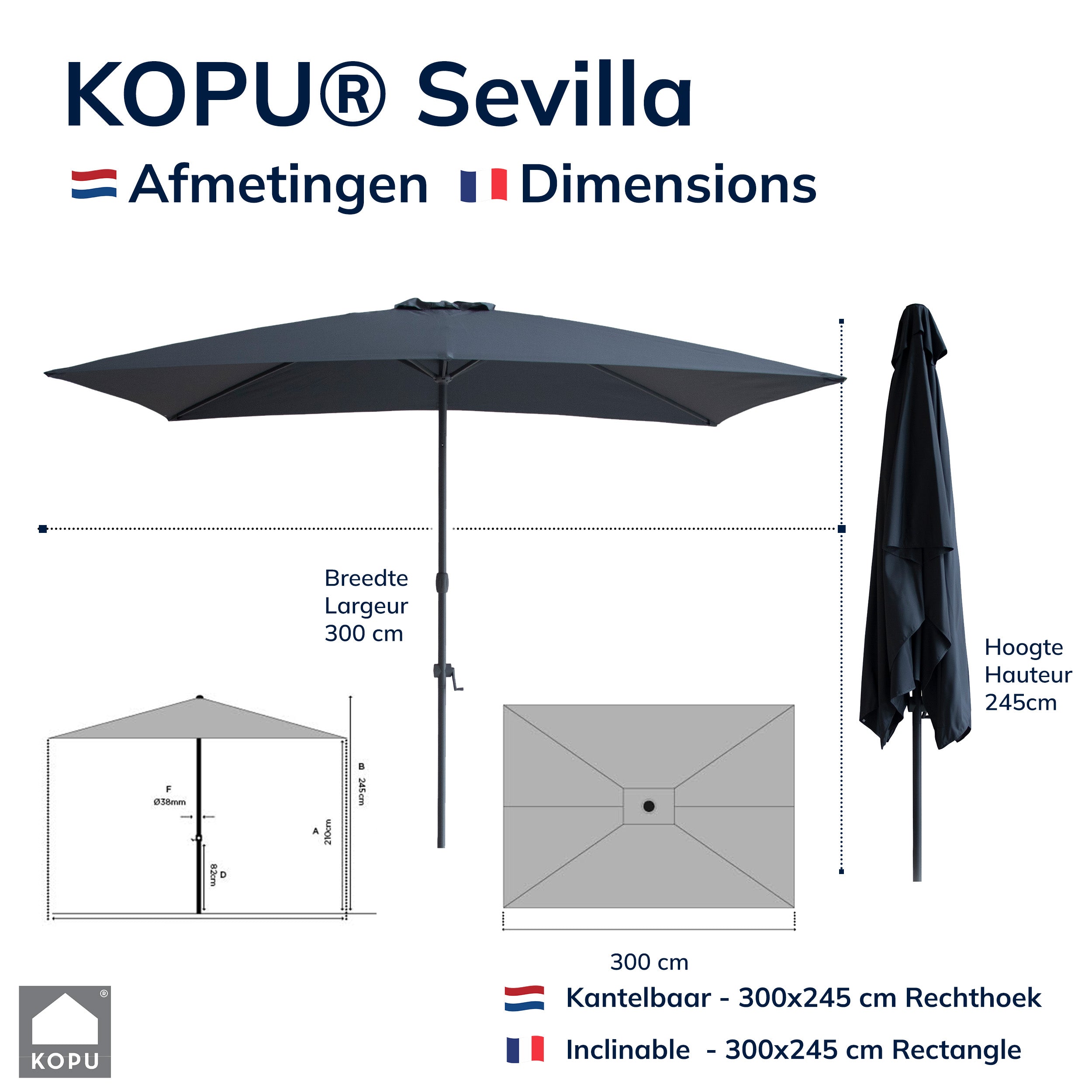 Kopu® Sevilla Parasol Rechthoek 200x300 cm met Hoes - Balkonparasol Grijs