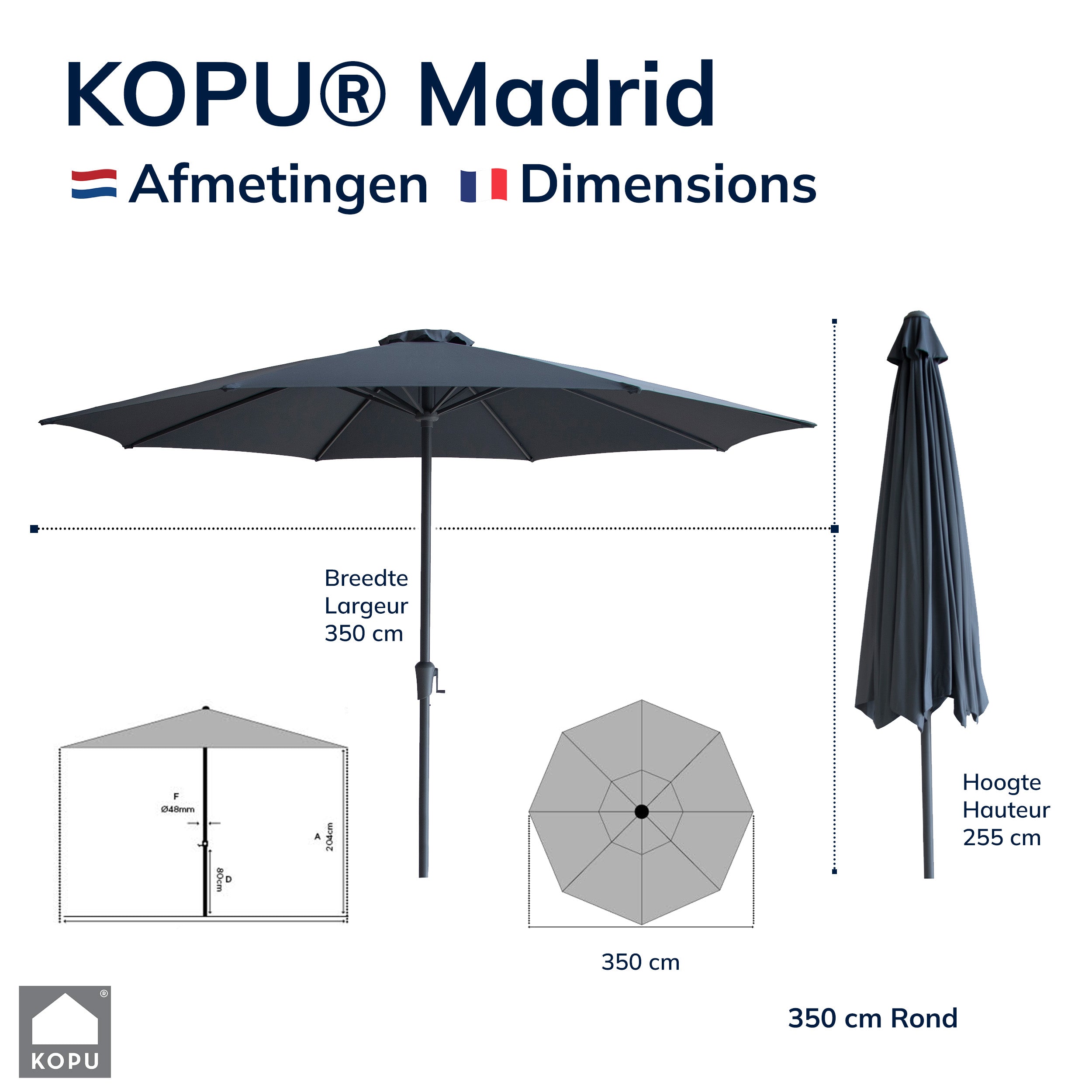 Kopu® Madrid 350 cm Grote Parasol Rond met Beschermhoes - Grijs