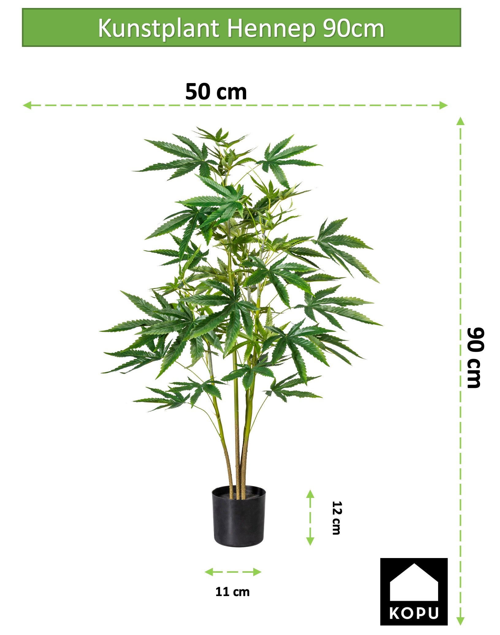Kopu® Kunstpflanze Hanf 90 cm mit schwarzem Topf – 73 Blätter