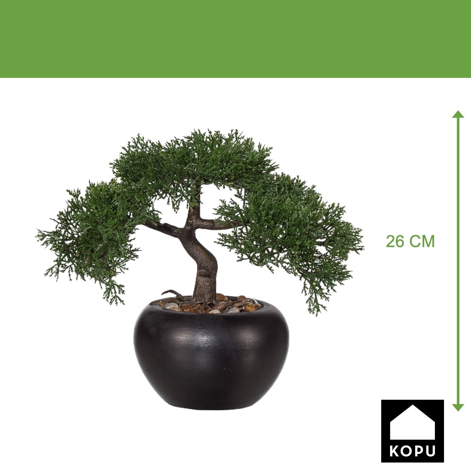 Kopu kunstmatige ceder bonsai, 26 cm hoog, met zwarte pot - Bonsaiboom
