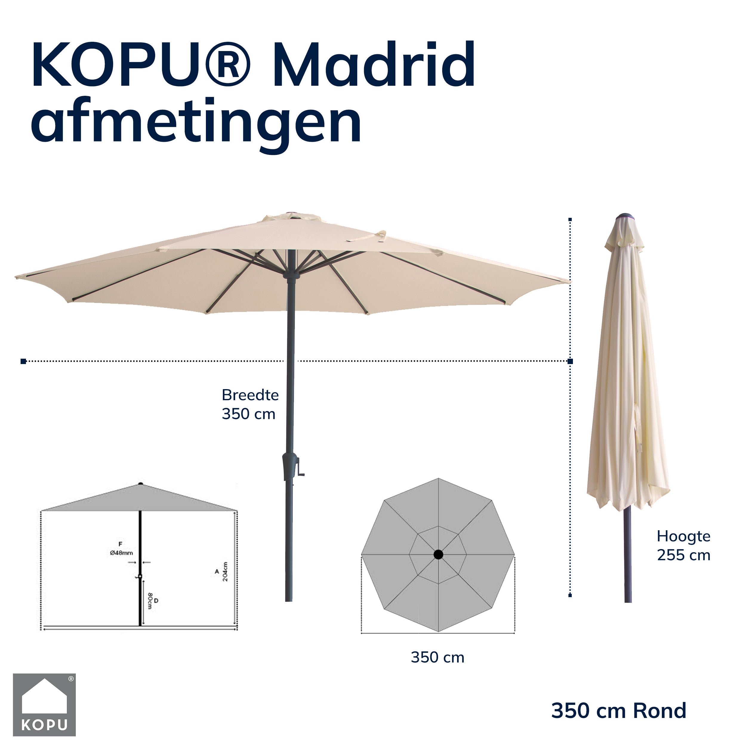 Kopu® Madrid 350 cm Grote Parasol Rond met Beschermhoes - Creme
