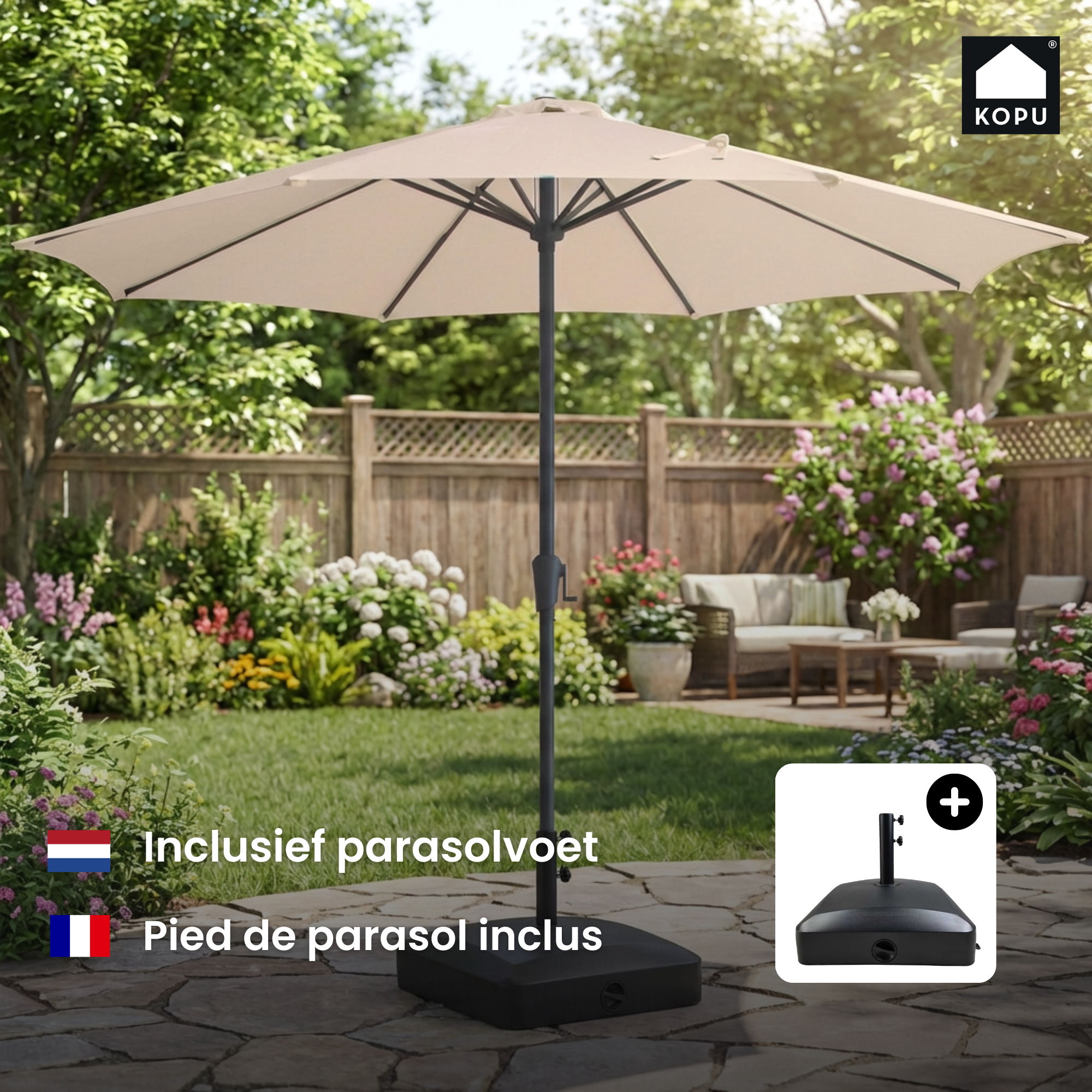 Kopu® Madrid grote Parasol Rond 350 cm met Beschermhoes en Parasolvoet - Creme