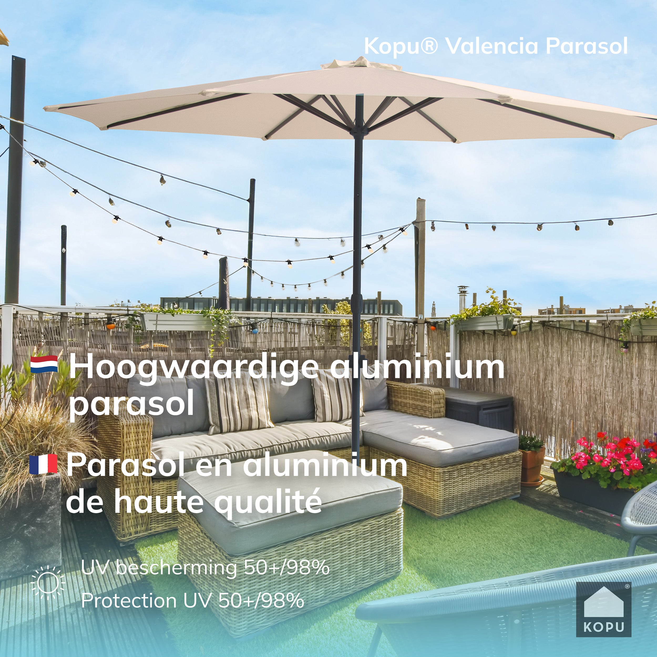 Kopu® Valencia Parasol Rond 300 cm met Beschermhoes en Voet - Creme