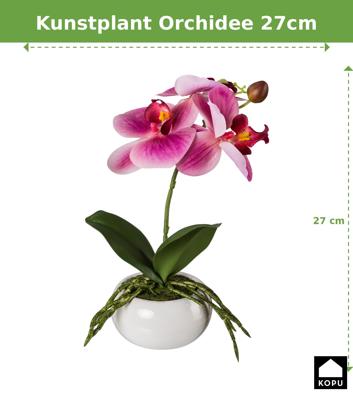 Kopu® Set 2 stuks Kunstplant Mini Orchidee 27 cm in witte Sierpot - Roze
