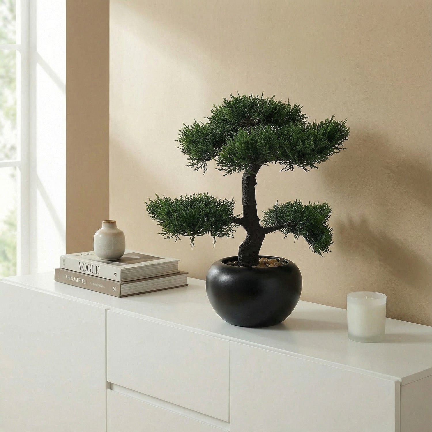 Kopu kunstmatige cederbonsai 37 cm met zwarte pot - Bonsaiboom