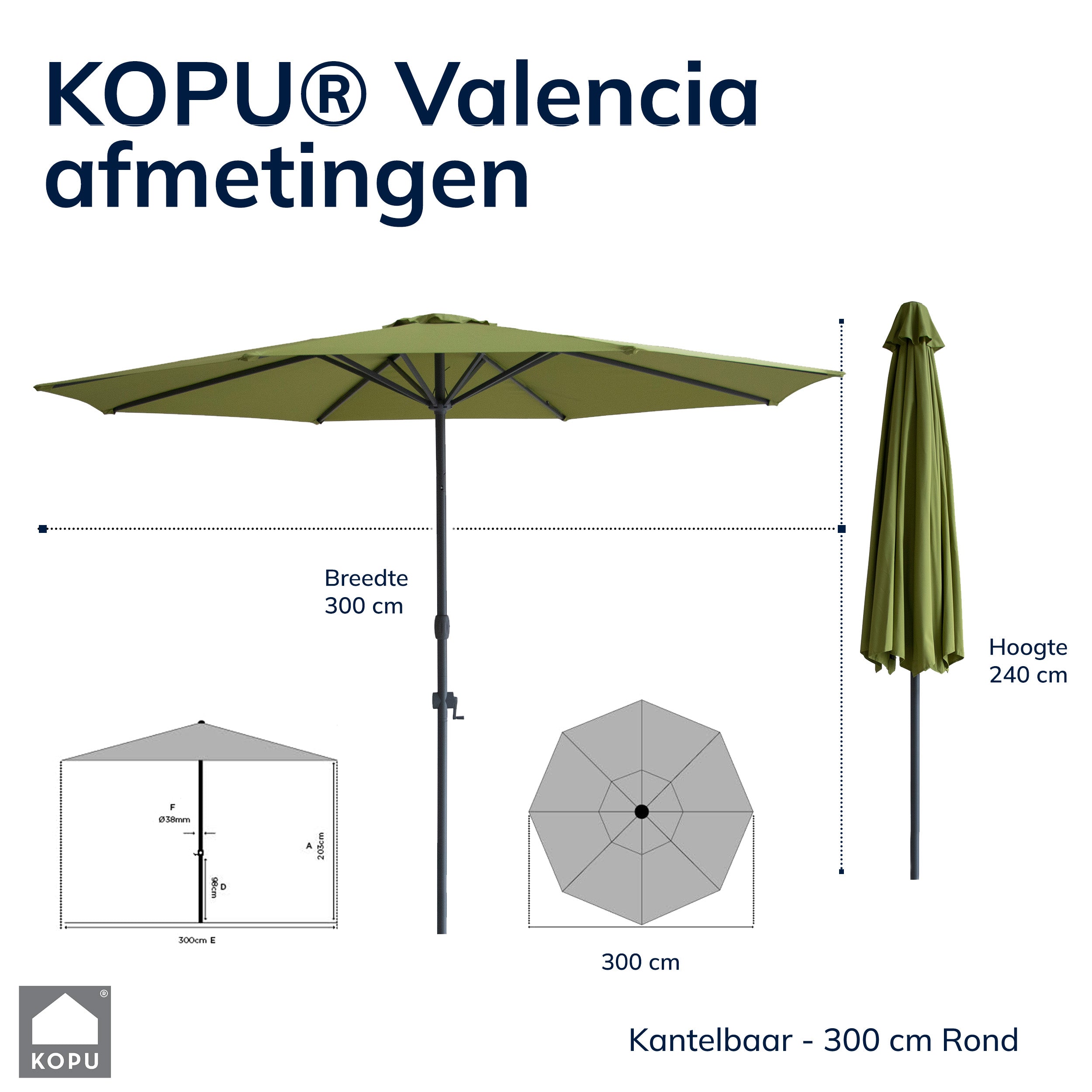 Kopu® Valencia Parasol Rond 300 cm met Beschermhoes en Voet - Olijf
