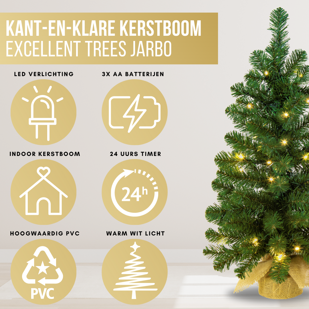 Excellent Trees® Jarbo 60 cm Mini Kerstboom - Batterij Verlichting 35 LED Lampjes - kant en klaar