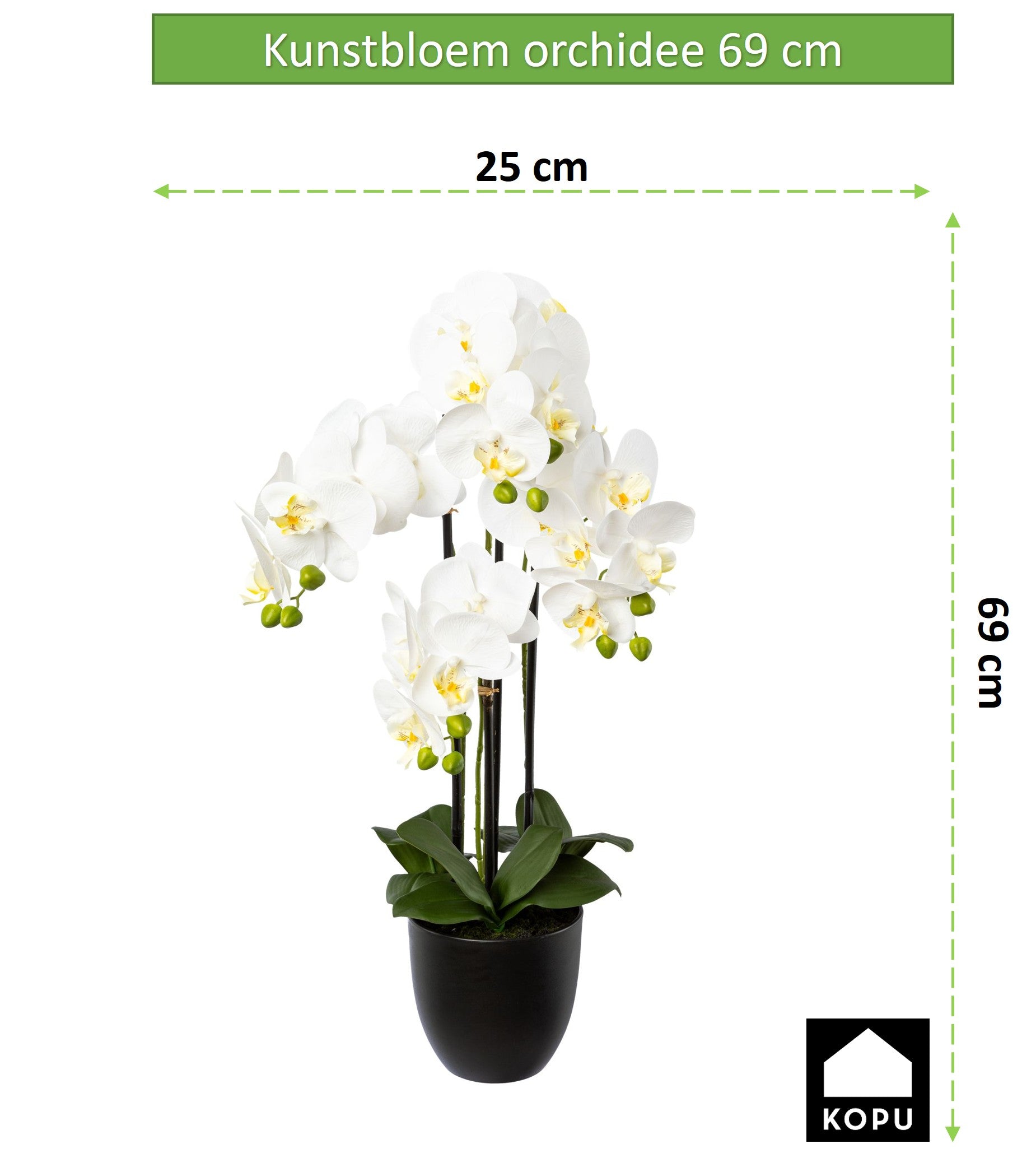 Kopu® Kunstbloem Orchidee 69 cm Wit met zwarte Pot - Phalenopsis
