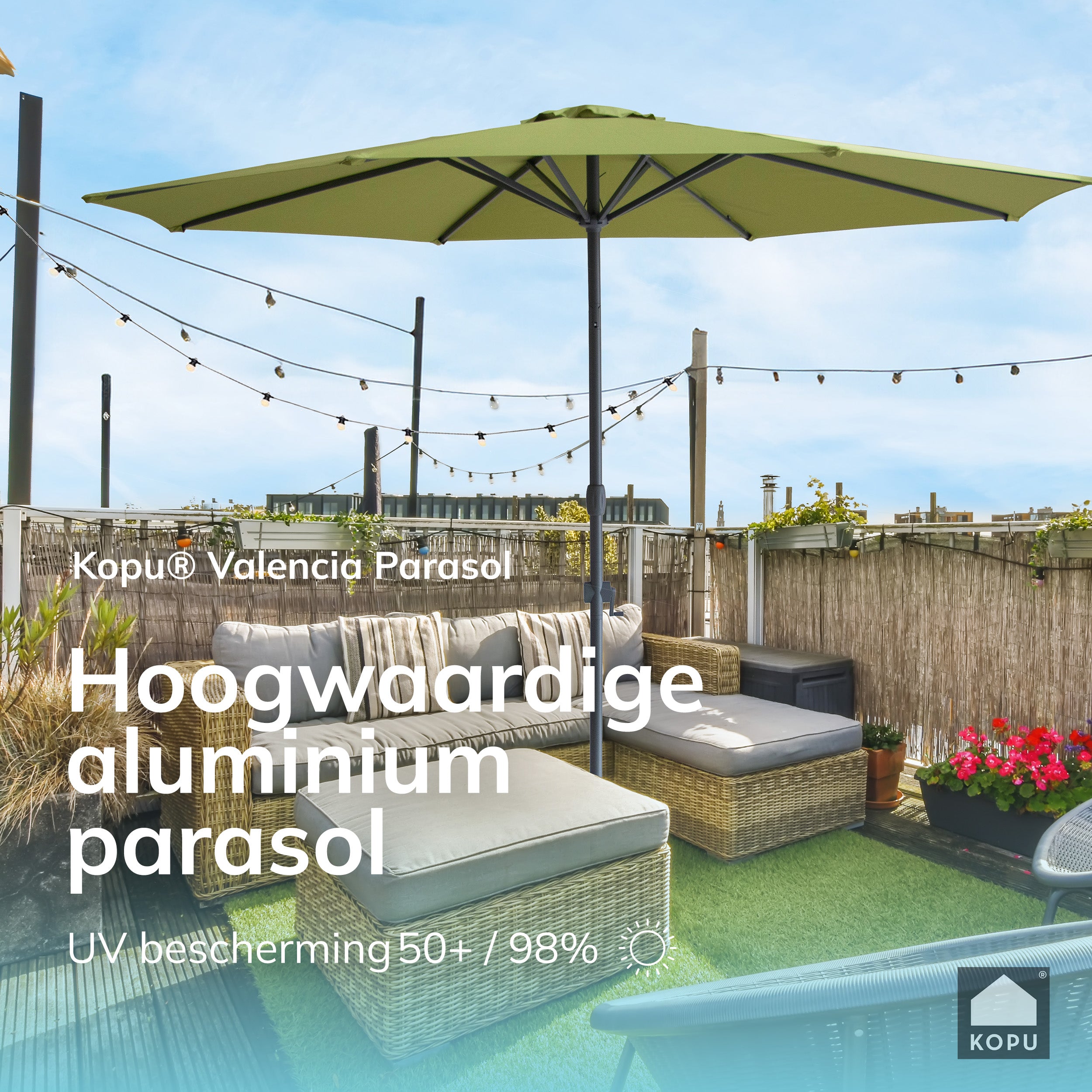 Kopu® Valencia Parasol Rond 300 cm met Beschermhoes en Voet - Olijf