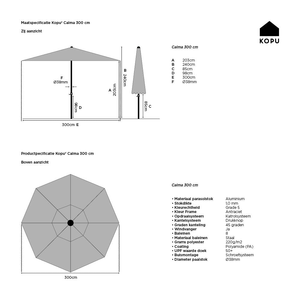Kopu® Calma Parasolset Rond 300 cm met Hoes en Voet - Antraciet