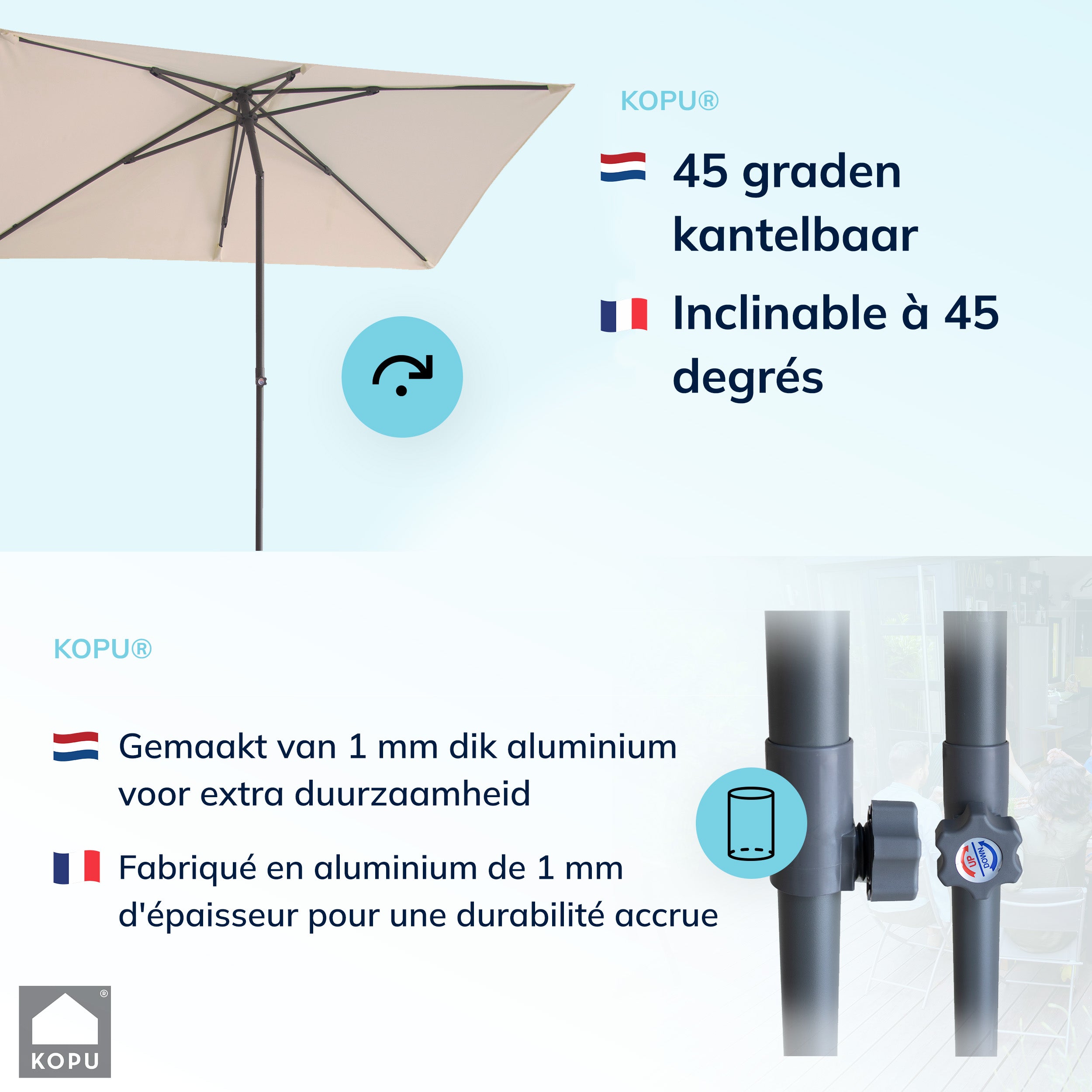 Kopu® Leon Parasol Rechthoek 150x250cm met Hoes - Hoogteverstelbaar - Taupe