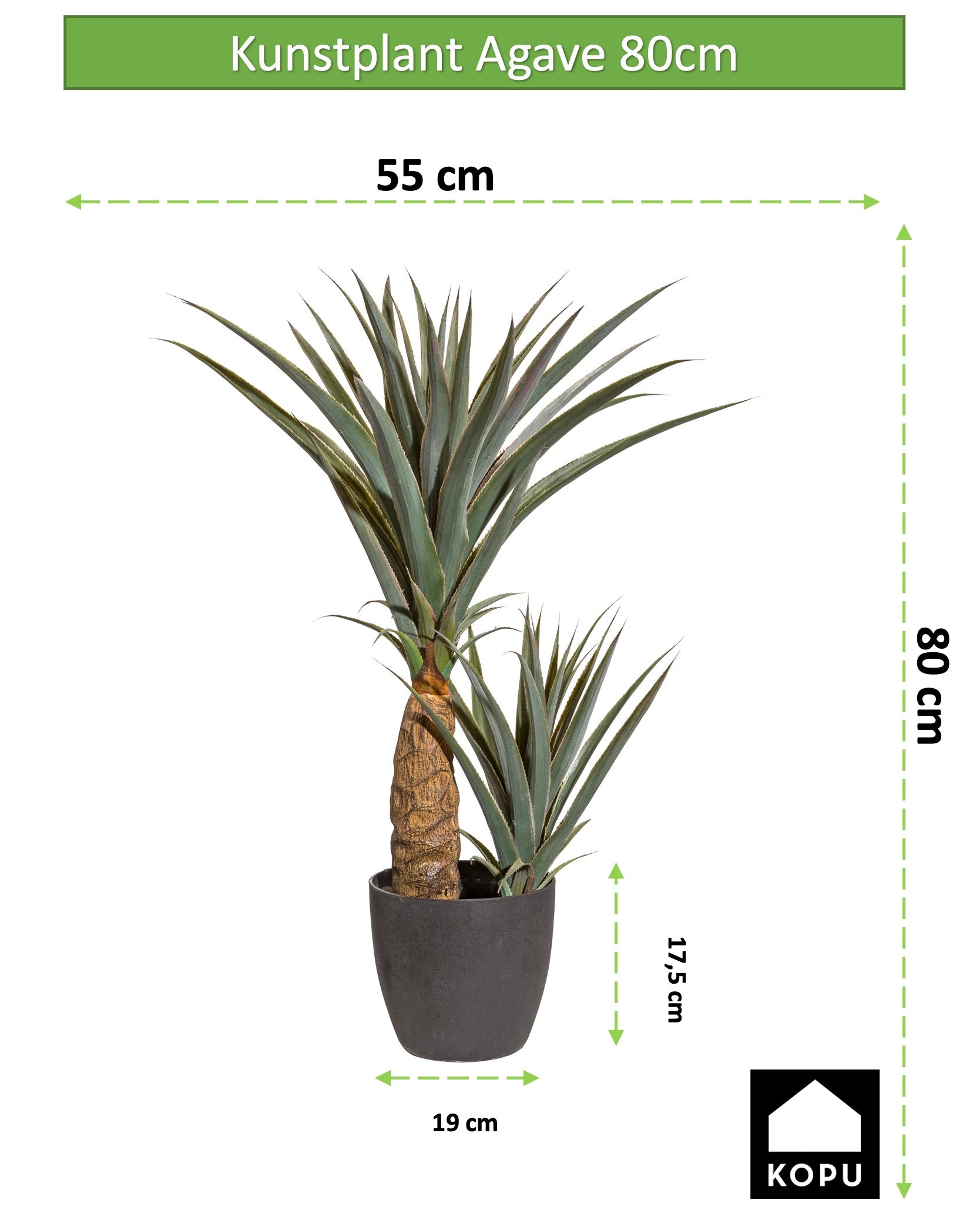 Kopu® Kunstpflanze Agave 80 cm im schwarzen Topf – 2 Stämme – Kunstpflanze