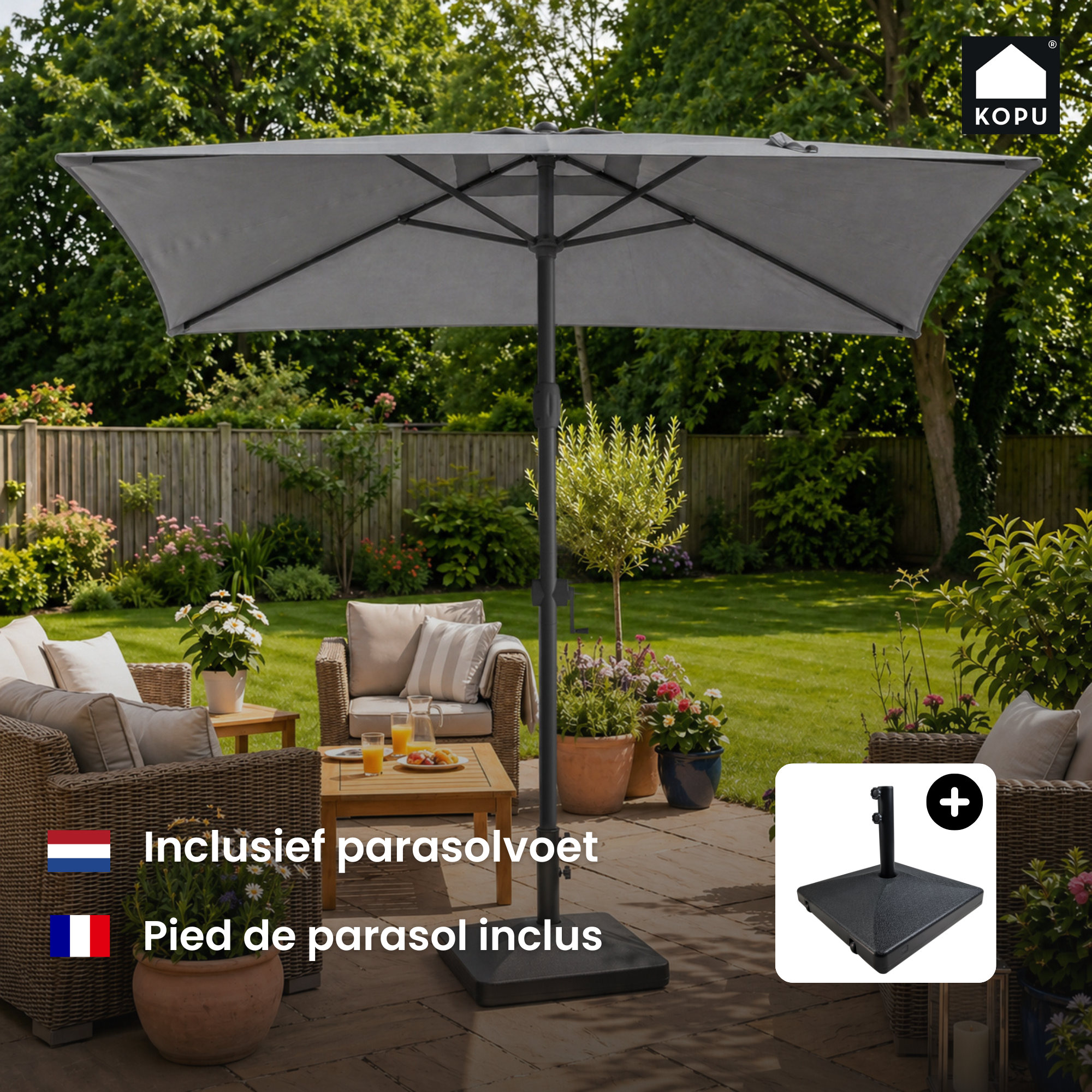 Kopu® Sevilla Parasol Rechthoek 200x300 cm met Hoes en Voet Grijs