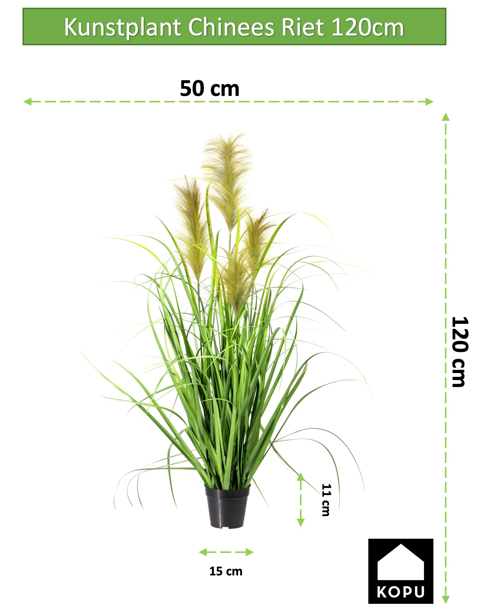 Kopu® Kunstplant Chinees Riet 120 cm - 4 pluimen - in zwarte pot