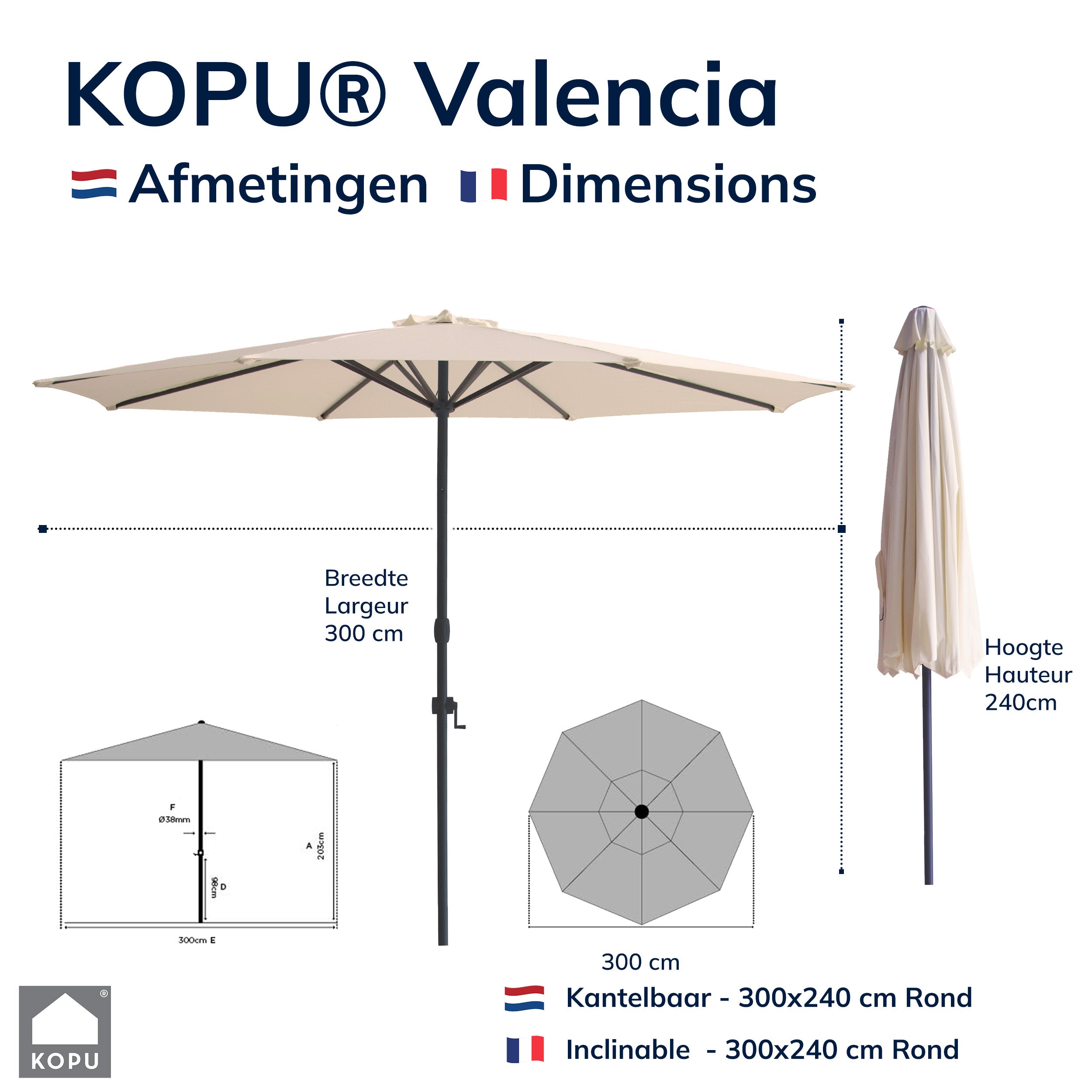 Kopu® Valencia Parasol Rond 300 cm met Beschermhoes - Creme