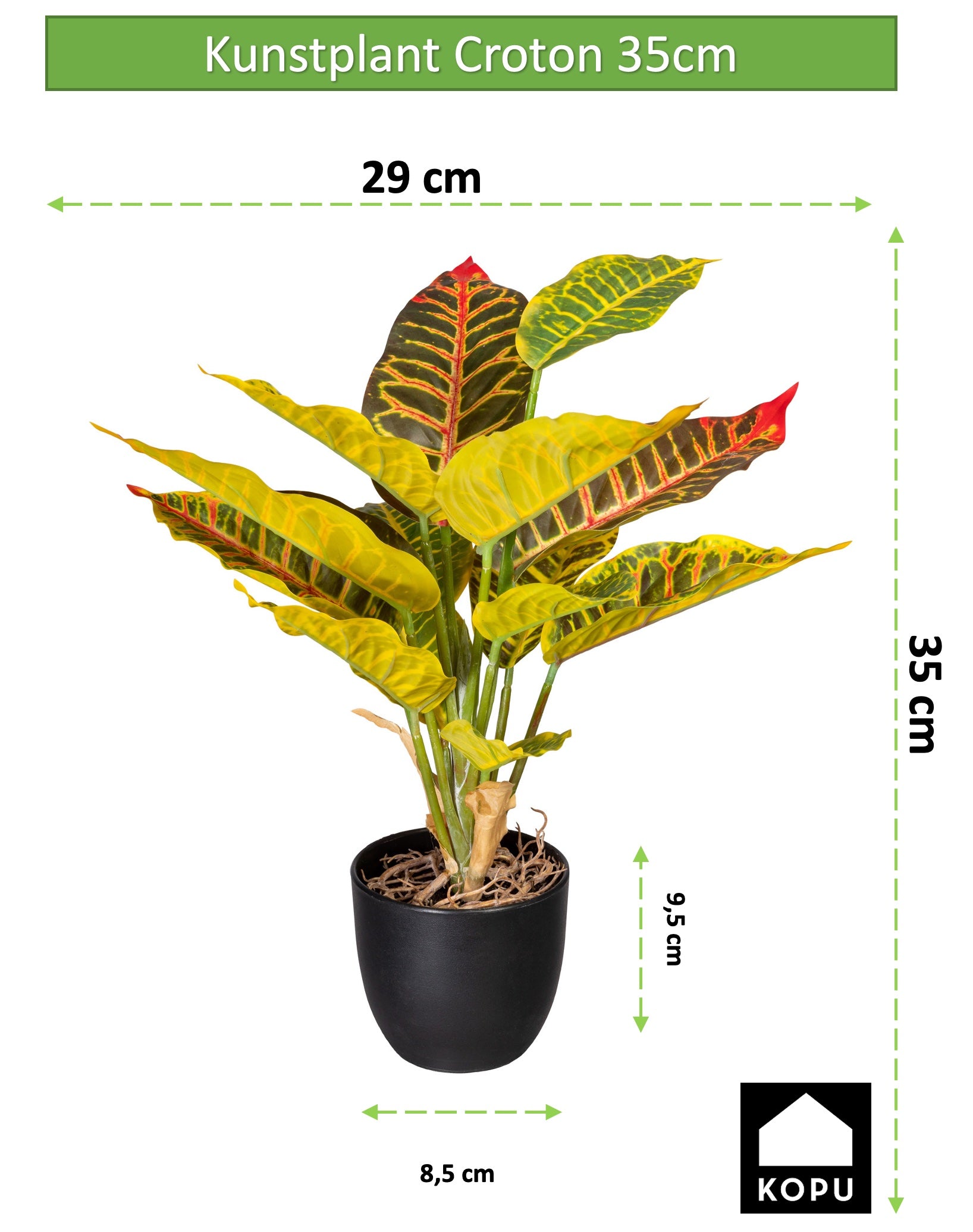 Kopu® 2 stuks Kunstplant Croton 35 cm - 14 bladeren - in zwarte pot