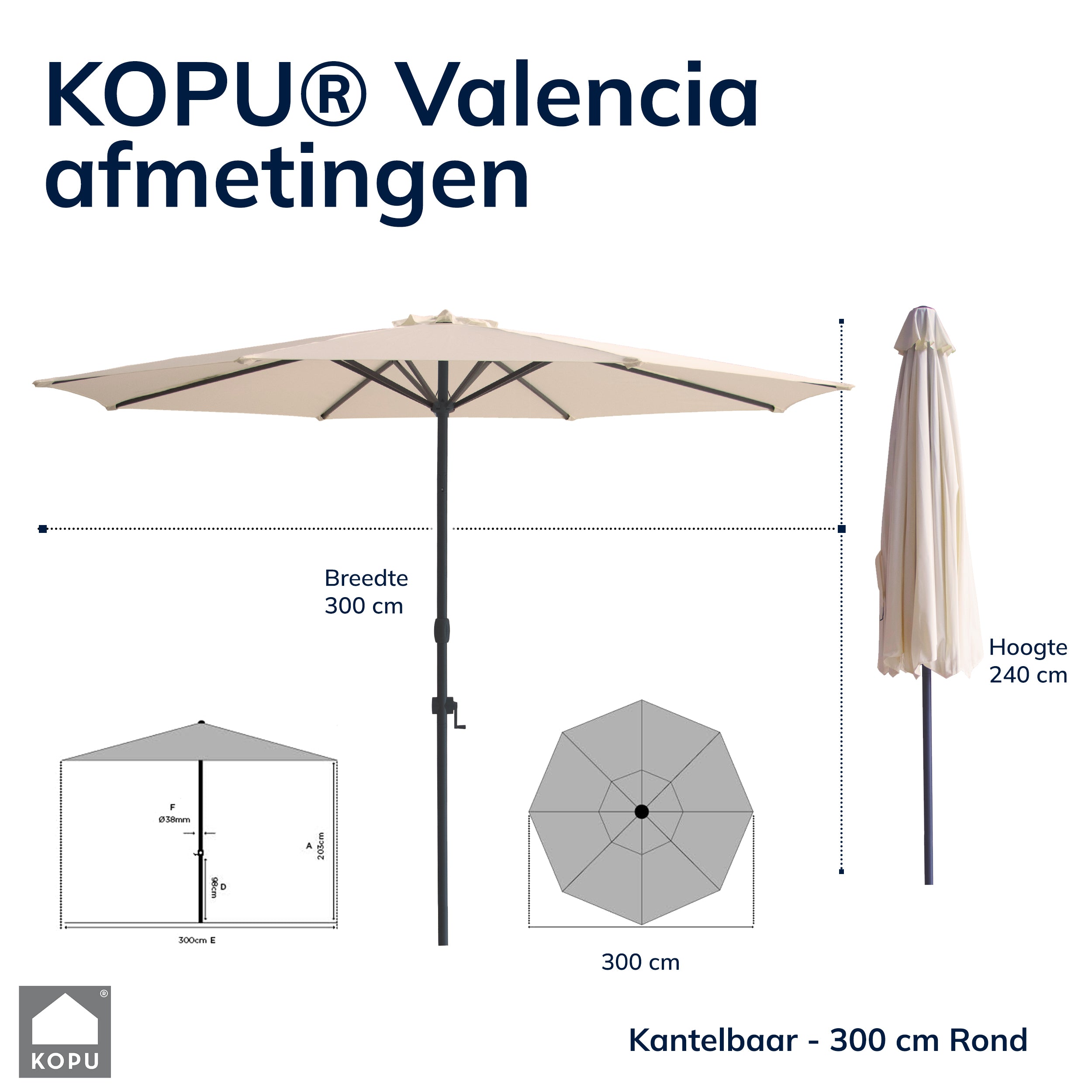 Kopu® Valencia Parasol Rond 300 cm met Beschermhoes en Voet - Creme