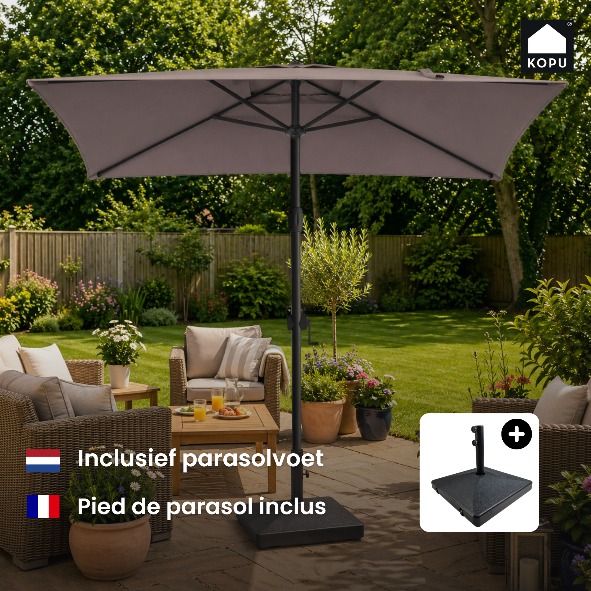 Kopu® Sevilla Parasol Rechthoek 200x300 cm met Hoes en voet - Balkonparasol Taupe