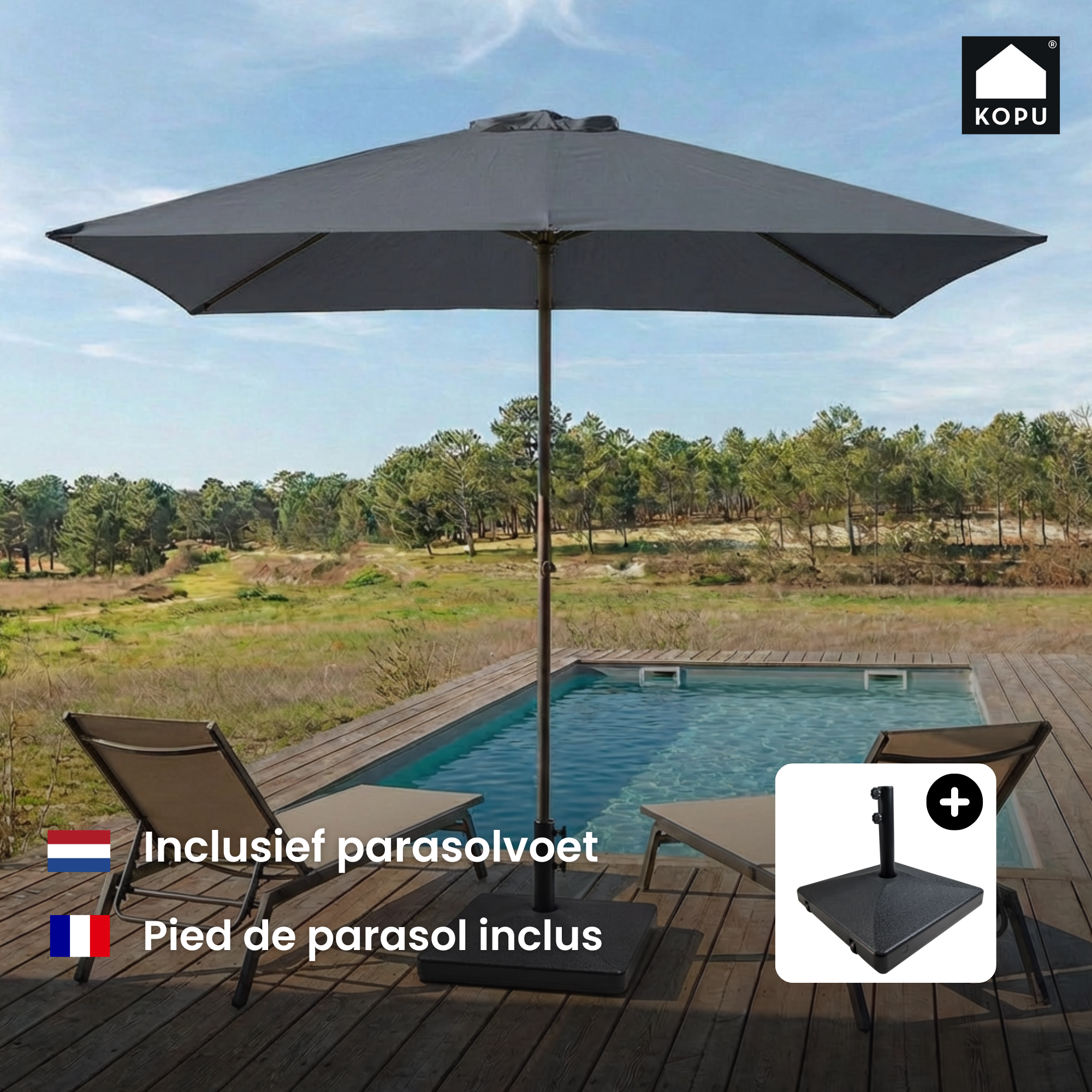 Kopu® Leon Parasol Rechthoek 150x250 cm - met Hoes en Voet - Grijs