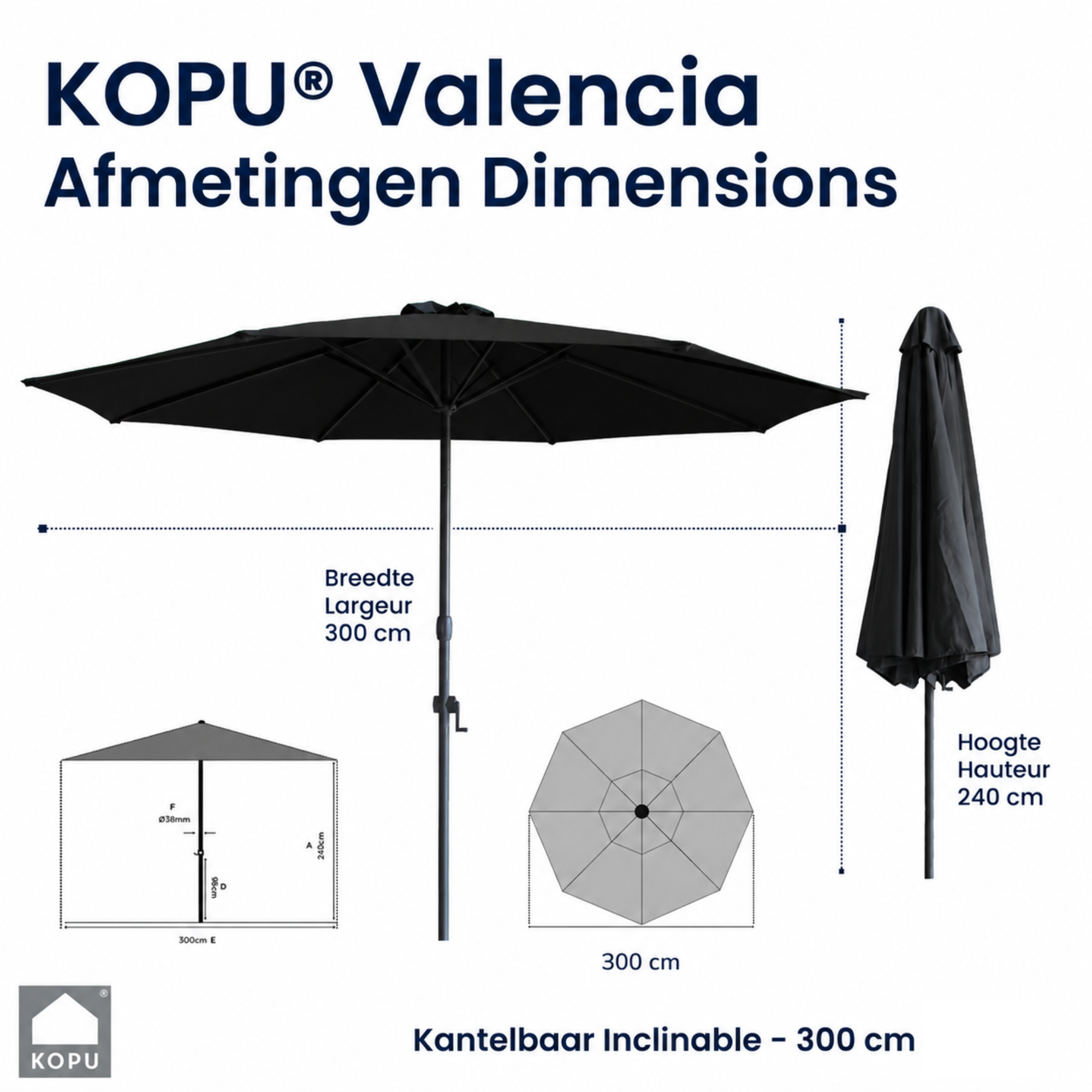 Kopu® Valencia Parasol Rond 300 cm met Beschermhoes - Zwart