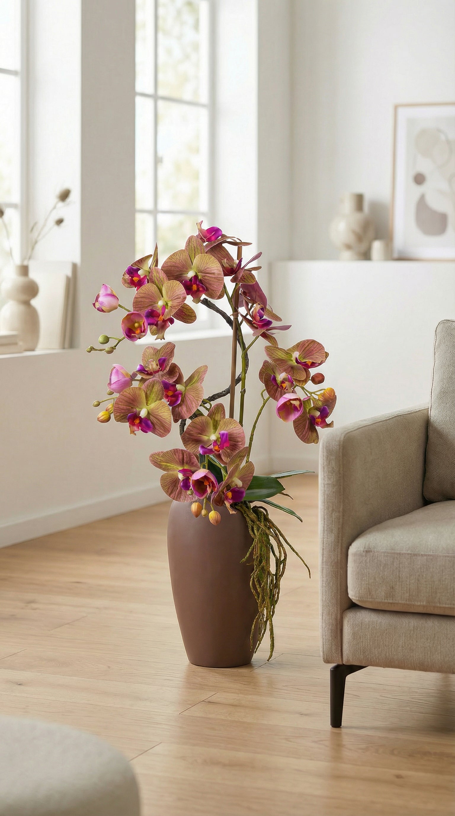 Kopu® Kunstbloem Orchidee 70 cm Paars in bruine Vaas - Phalenopsis