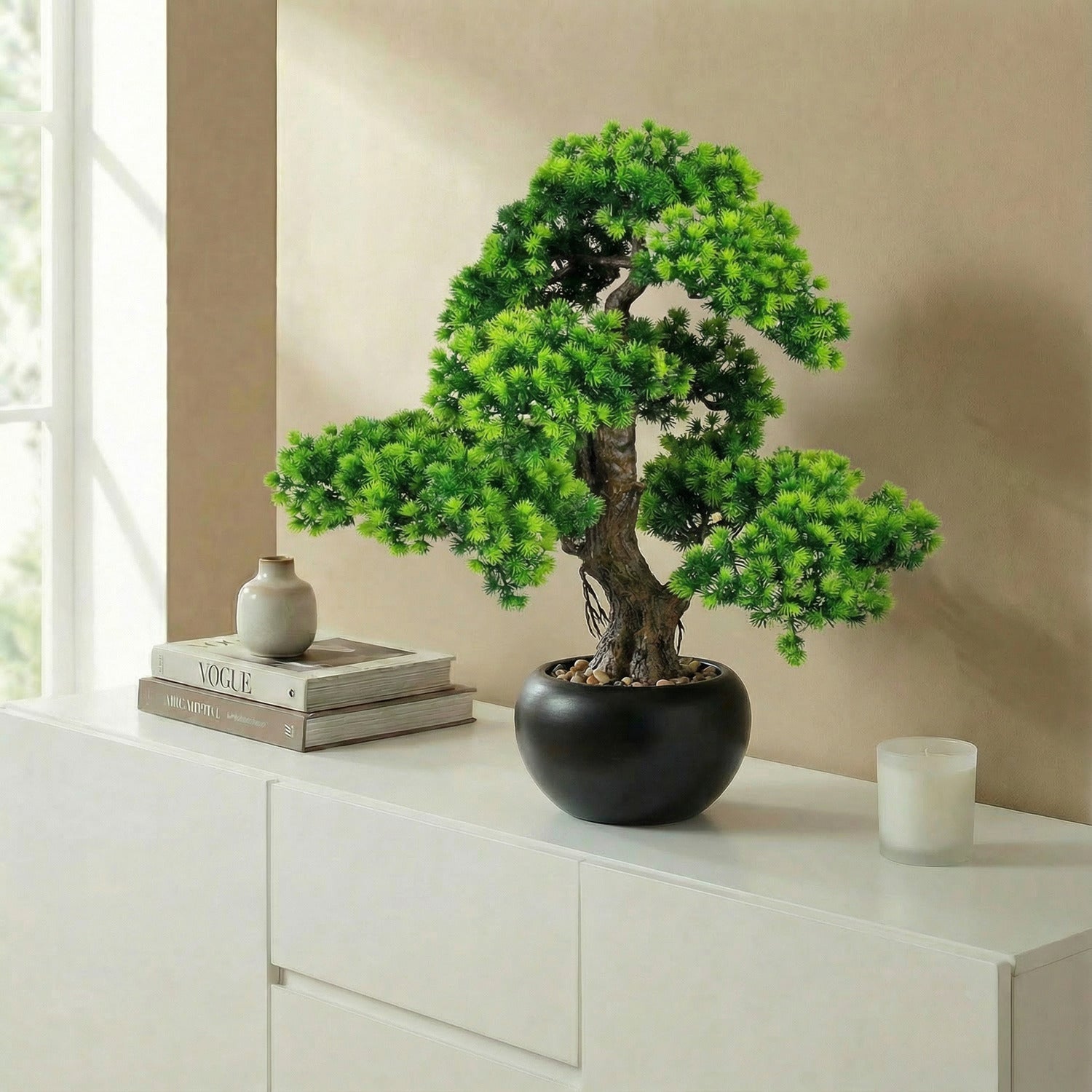 Kopu kunstmatige bonsaiboom van larikshout, 60 cm hoog, met zwarte pot - Bonsaiboom