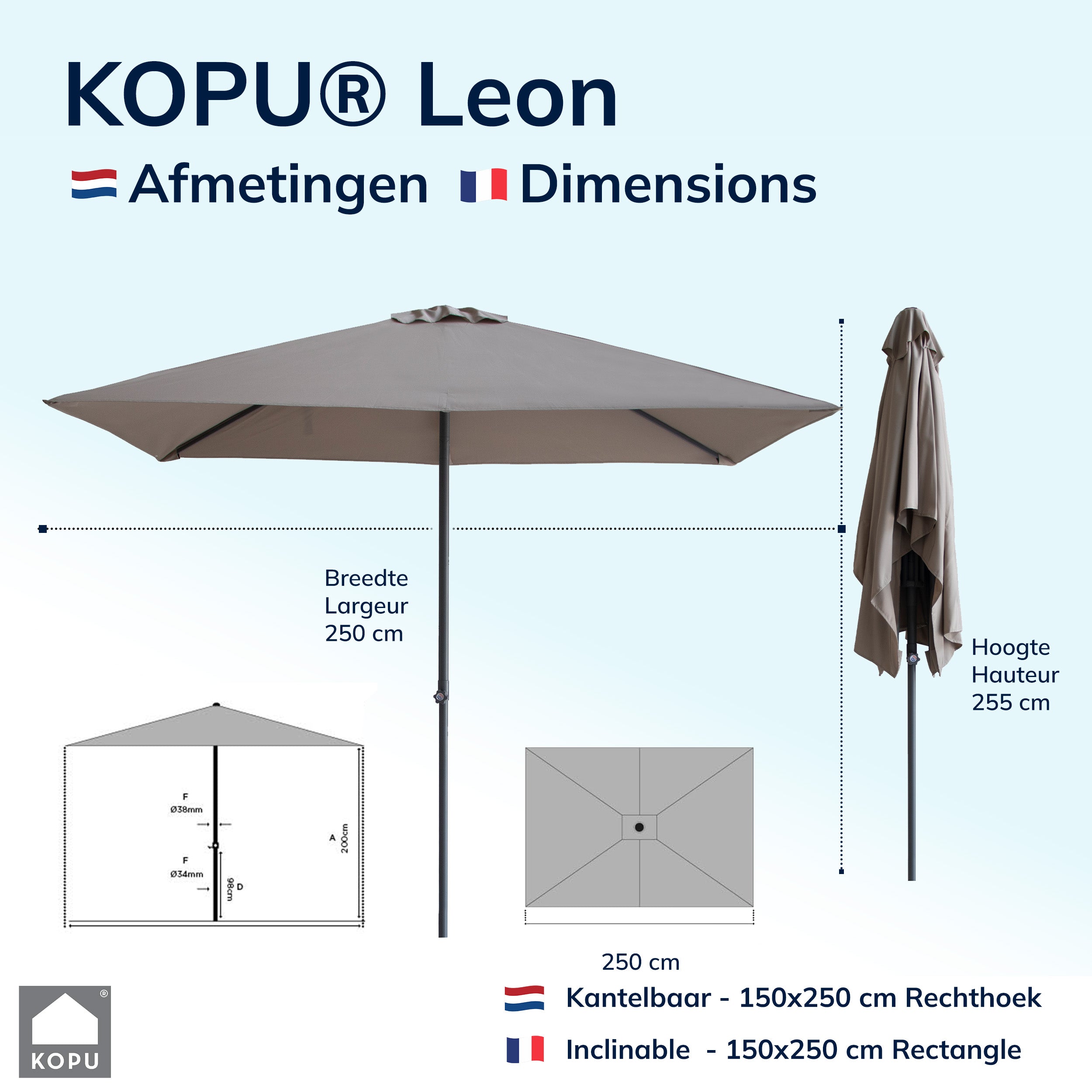 Kopu® Leon Parasol Rechthoek 150x250 cm - met Hoes en Voet - Taupe