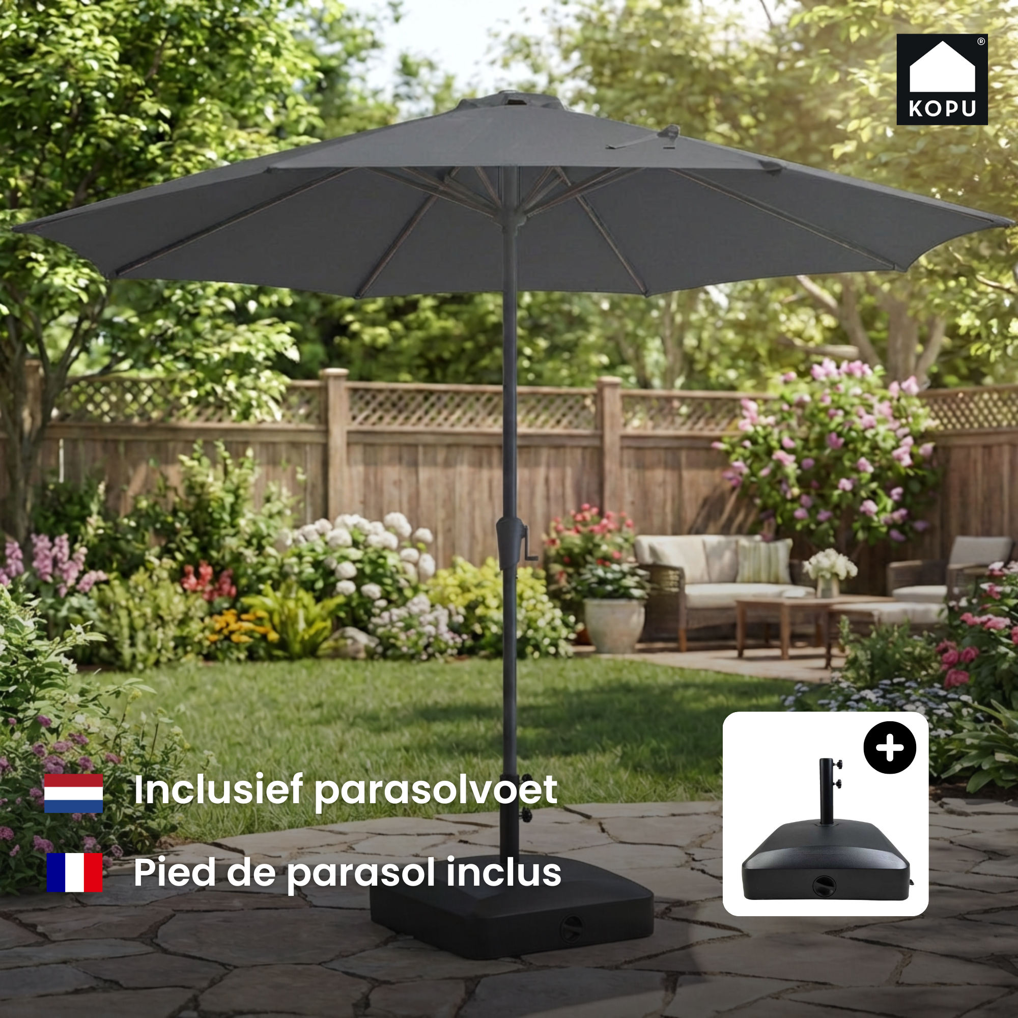Kopu® Set Madrid 350 cm Grote Parasol Rond met Beschermhoes en Parasolvoet - Grijs