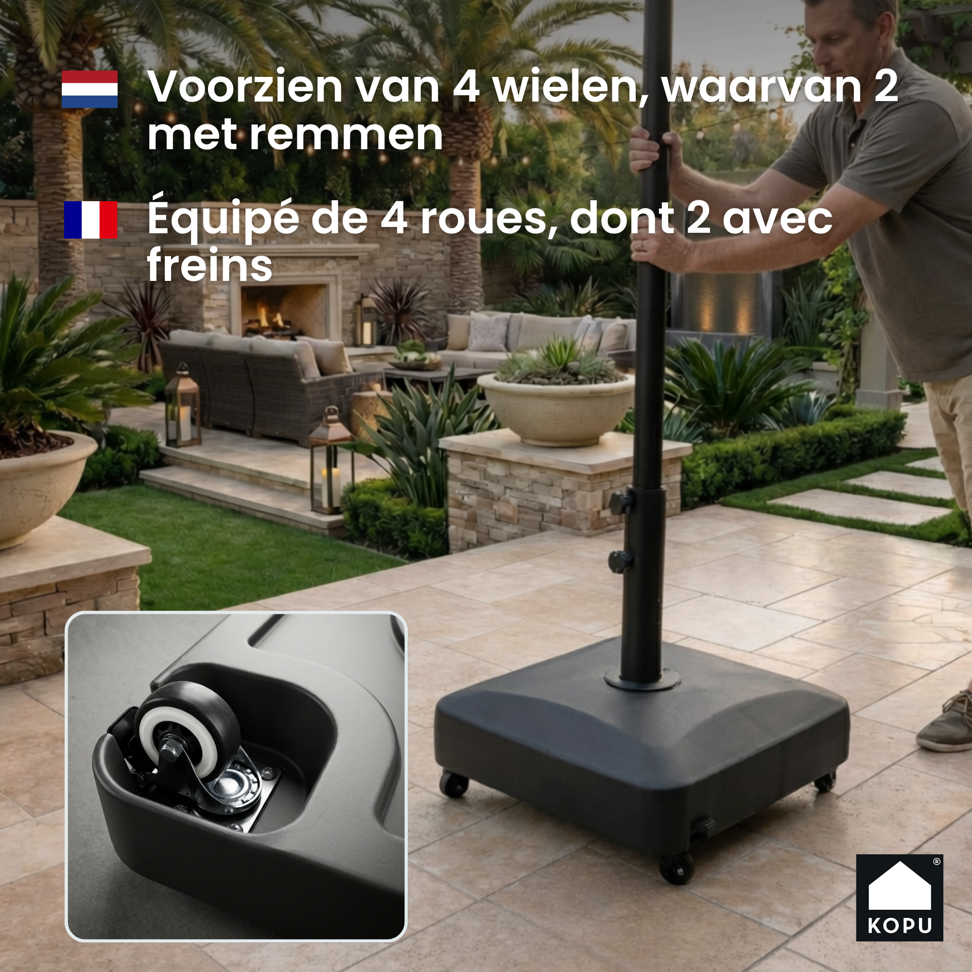 Kopu® Vulbare Parasolvoet 70 kg op wielen voor Grote Parasols - Antraciet