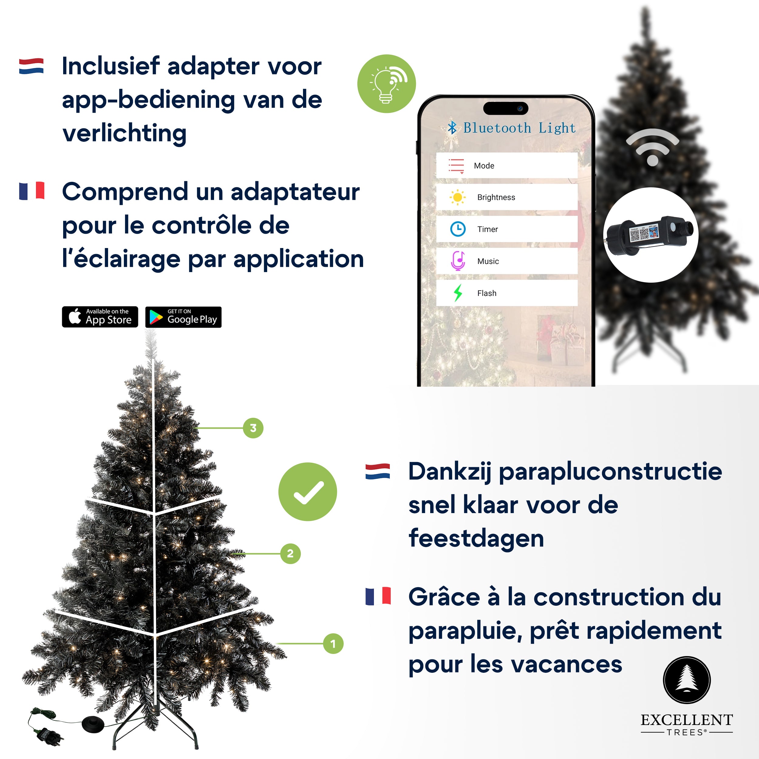 Excellent Trees® Stavanger Black 180 cm Zwarte Kerstboom met Verlichting  - nu met Opbergtas t.w.v. € 27.50