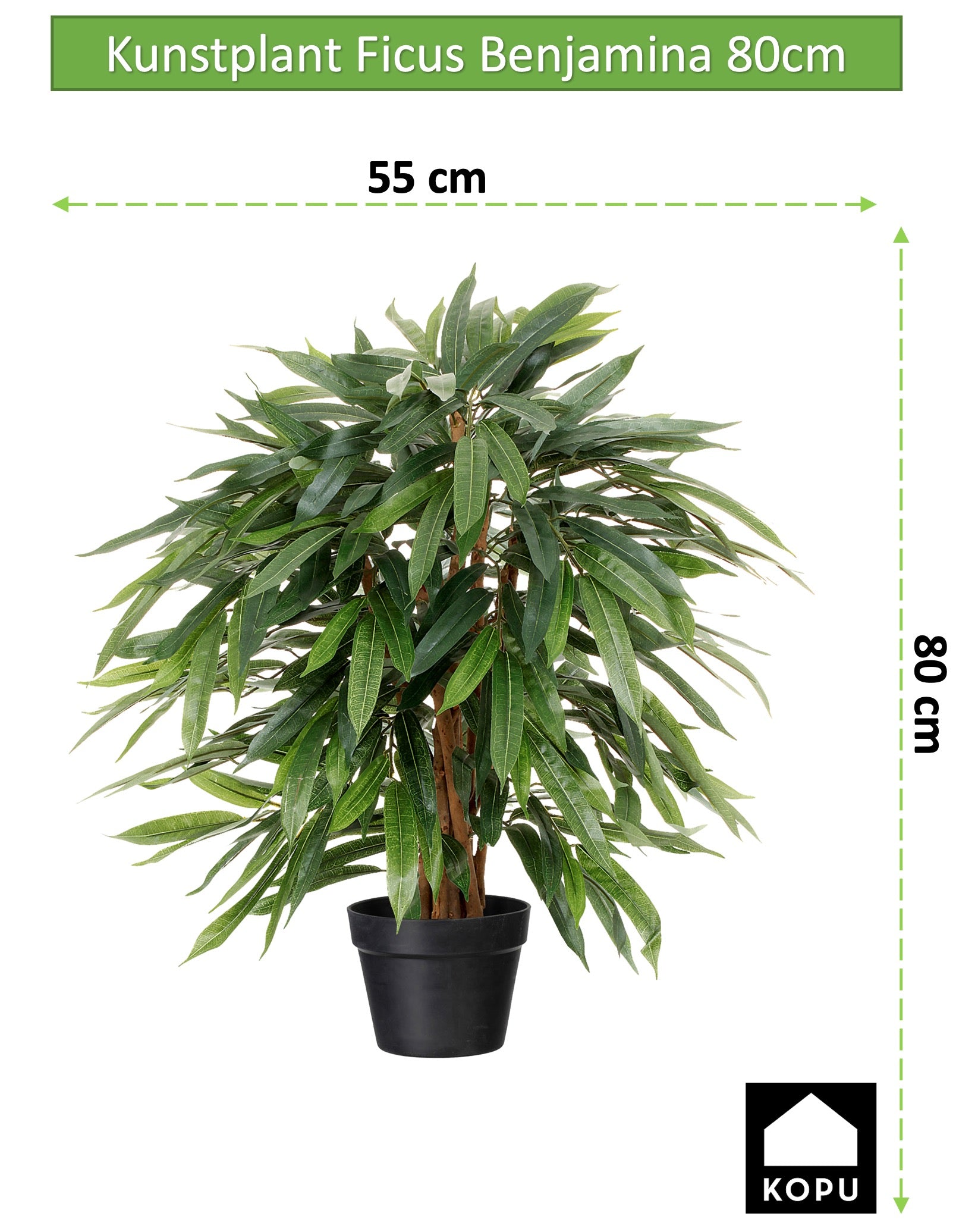 Kopu® Kunstpflanze Ficus Benjamina 80 cm im schwarzen Topf – Kunstpflanze
