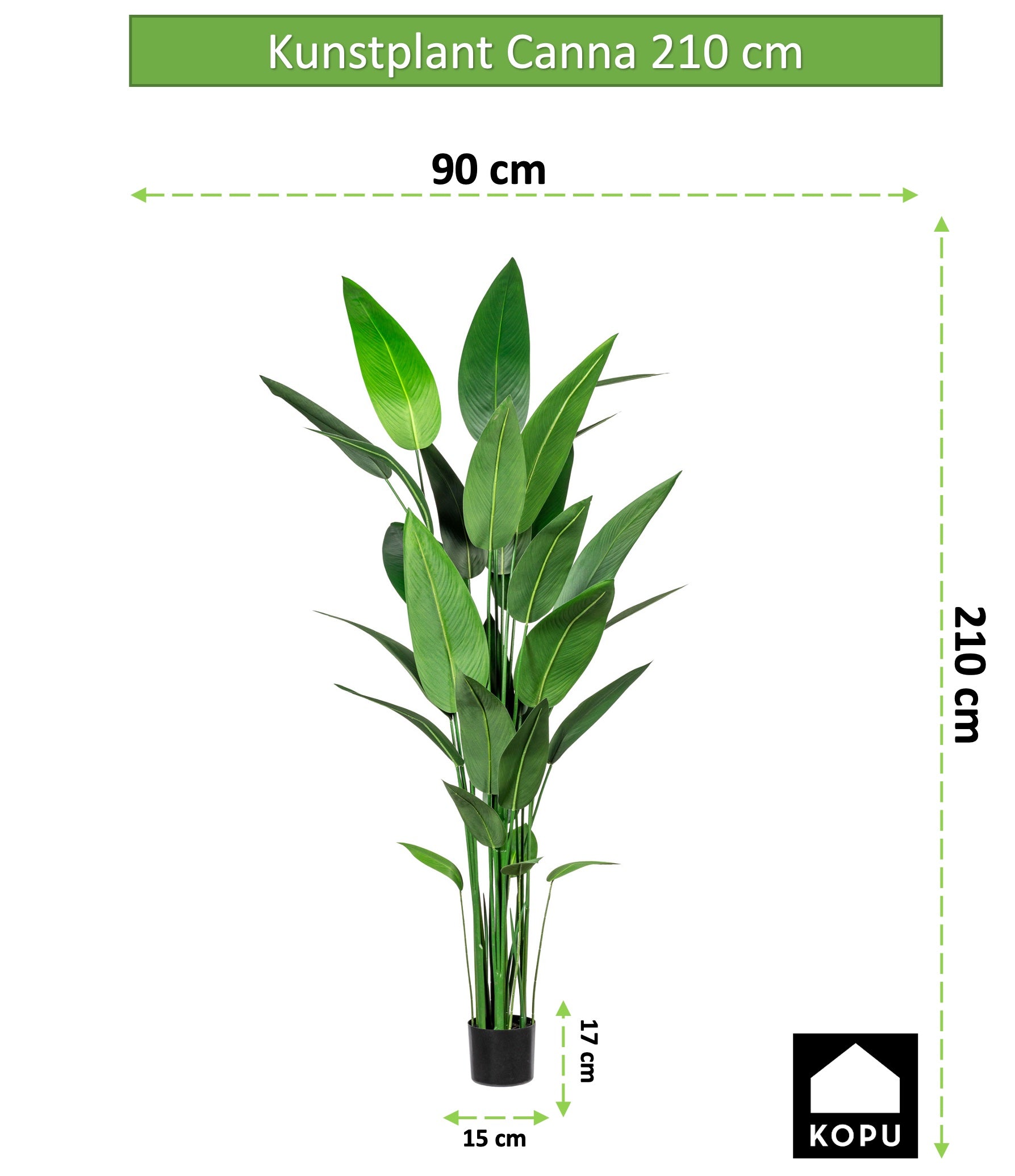 Kopu® Kunstpflanze Canna 210 cm 32 Blätter - im schwarzen Topf - Blumenschilf
