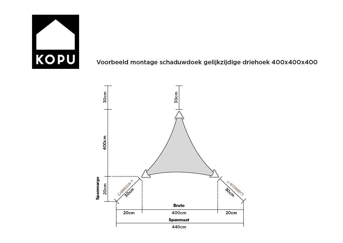 Kopu® Schaduwdoek Driehoek 4x4x4 mtr Waterdicht 230 grams - Zand