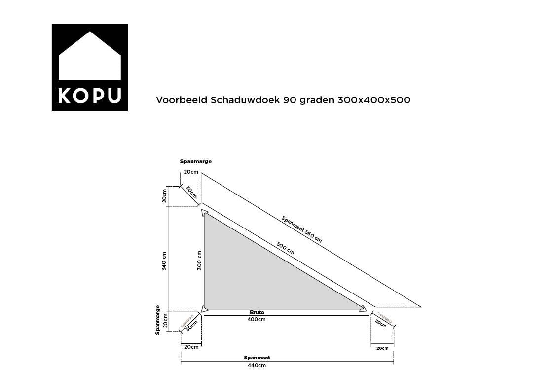 Kopu® Schaduwdoek Driehoek 3x4x5 mtr 280 grams Waterdoorlatend - Creme