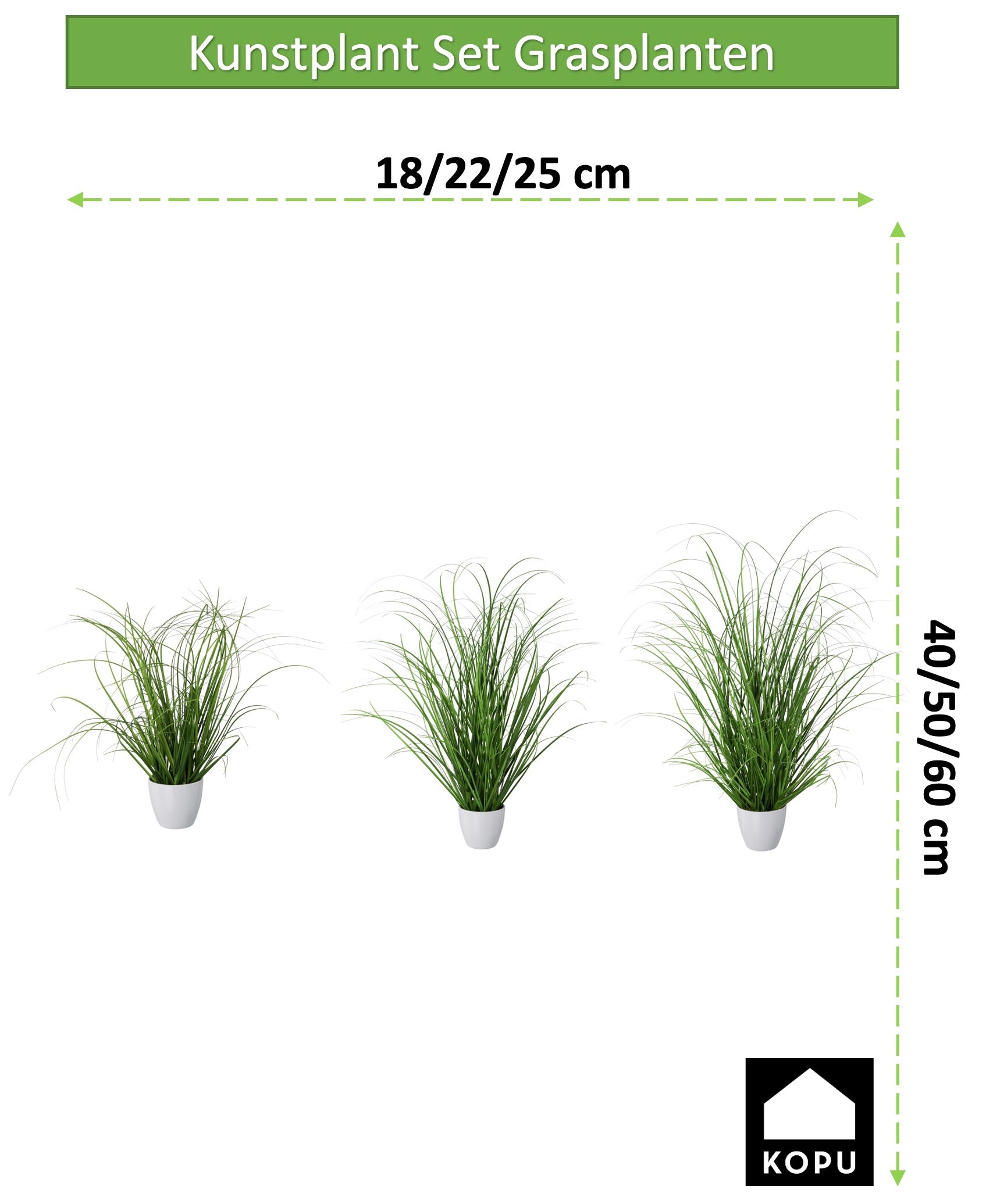 Kopu® set 3 stuks kunstplanten Grasplant 40/50/60 cm in Witte Sierpot