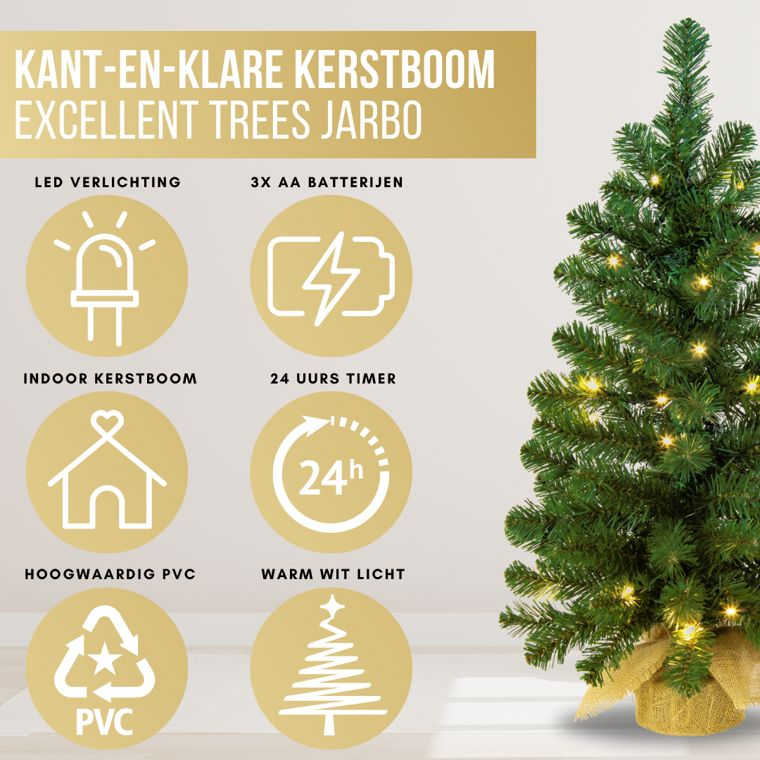 Kerstboom Excellent Trees® LED Jarbo 90 cm met verlichting - Kunstkerstboom inclusief LED Verlichting - Hoogwaardig PVC Materiaal - 80 Lampjes - Groen