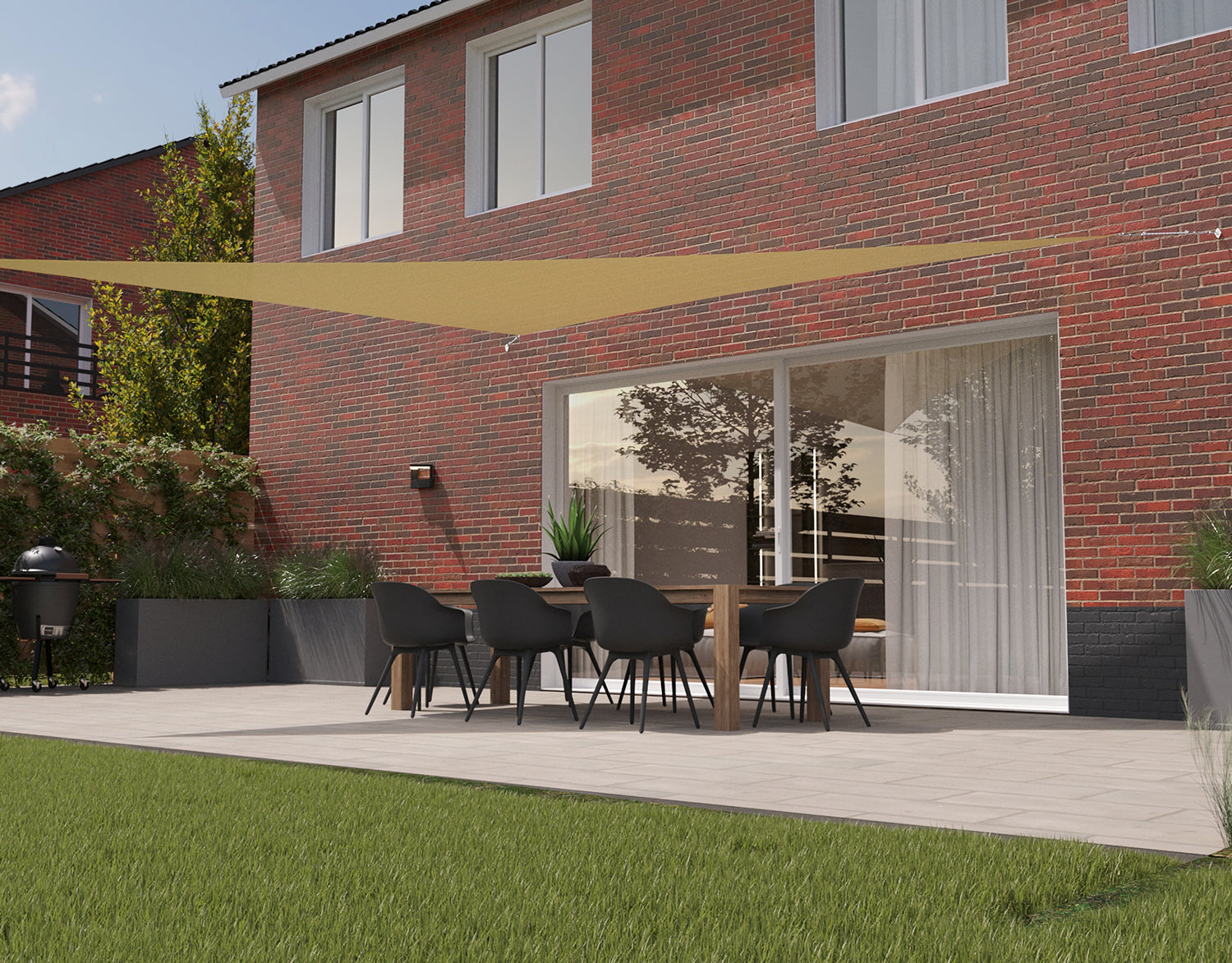 Kopu® Schaduwdoek Driehoek 5x5x7,1mtr 280 grams Waterdoorlatend Creme