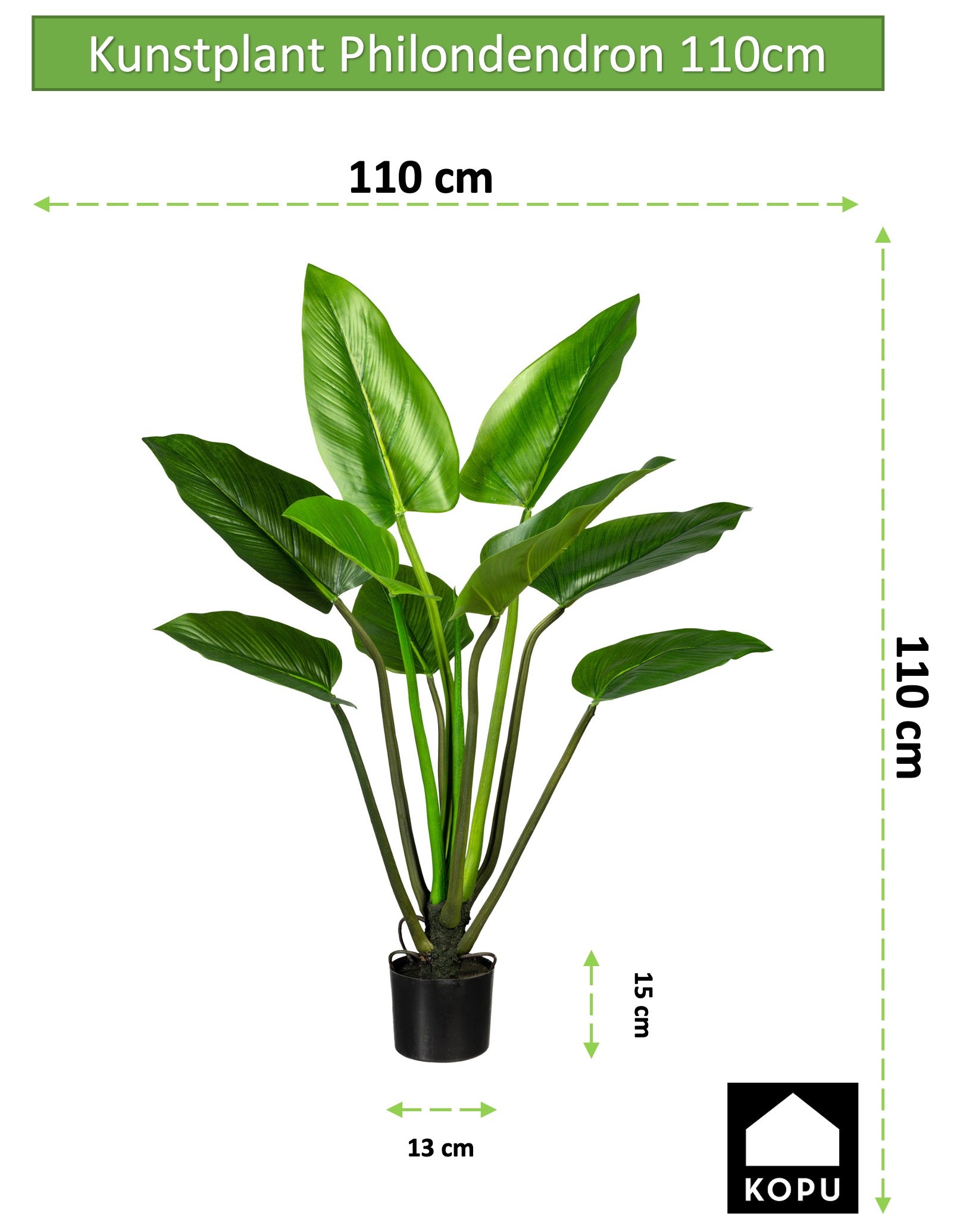 Kopu® Kunstplant Philodendron 110 cm - 9 bladeren - in zwarte pot